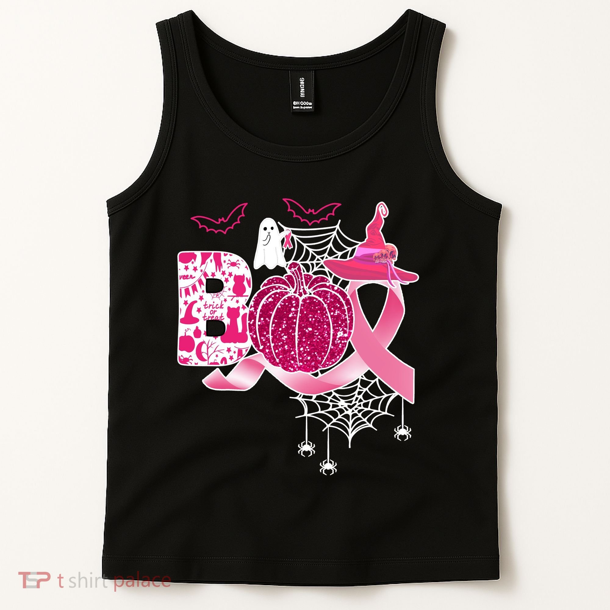 Boo Halloween Pumpkin Pink Ribbon Witch Ghost Breast Cancer Tank Top
