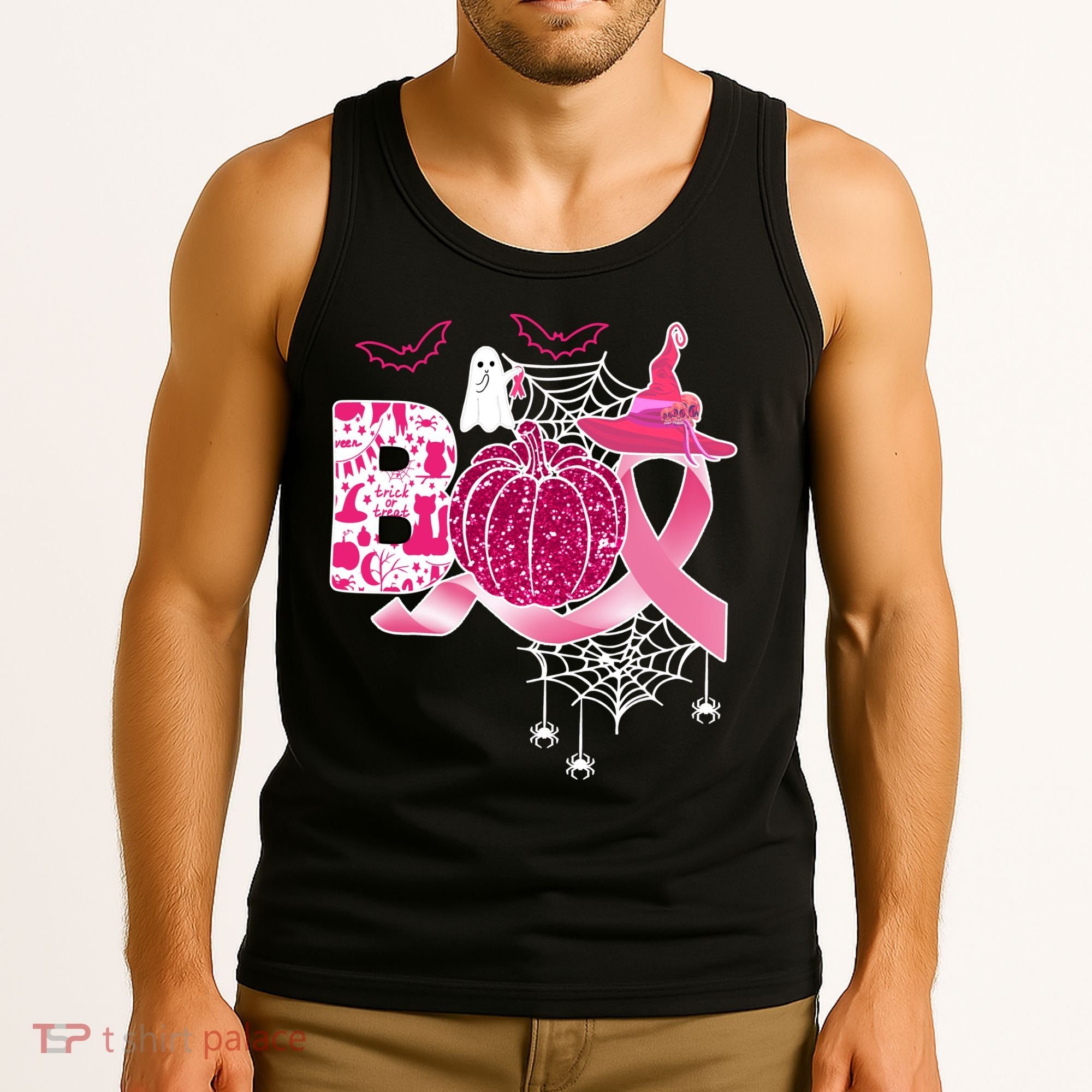 Boo Halloween Pumpkin Pink Ribbon Witch Ghost Breast Cancer Tank Top