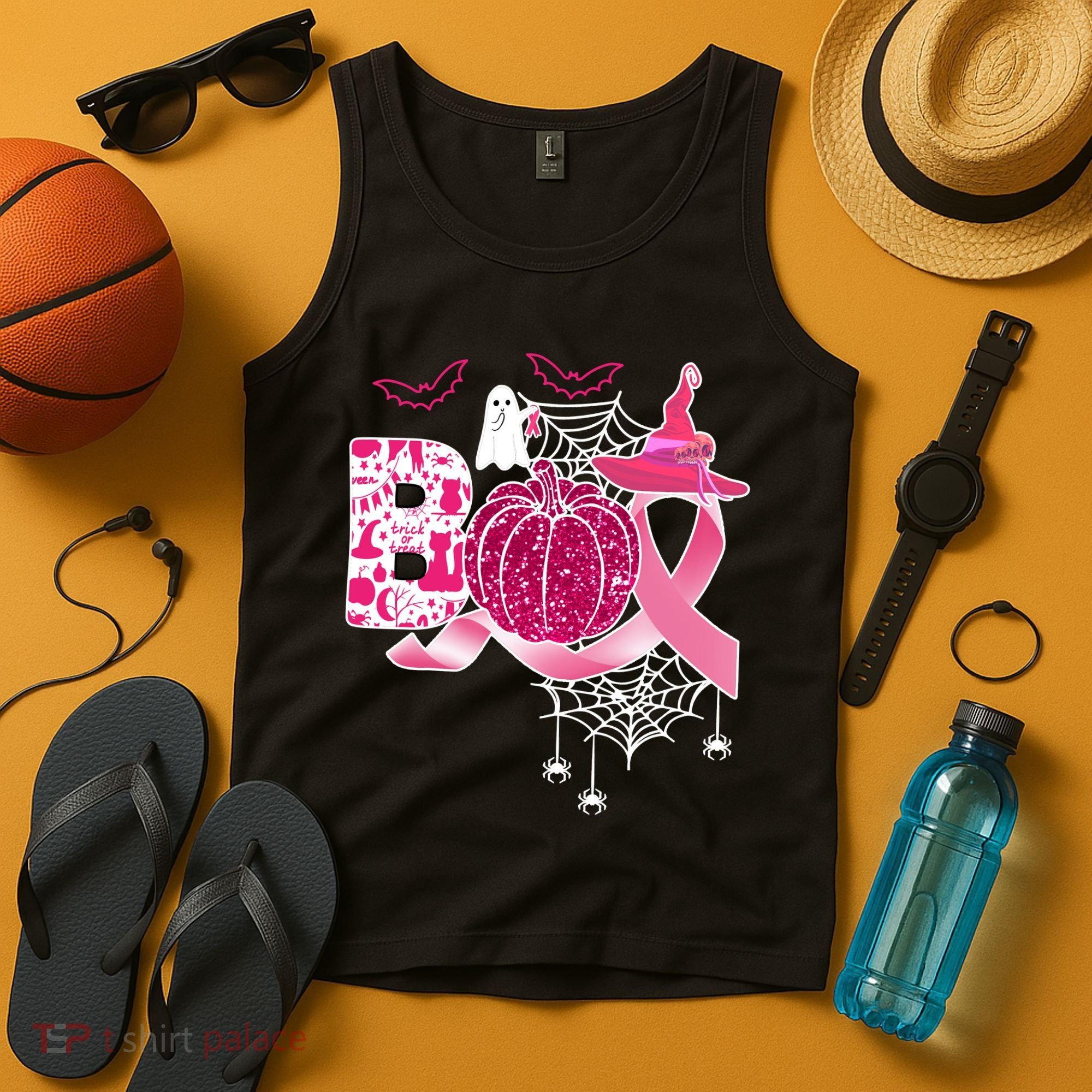 Boo Halloween Pumpkin Pink Ribbon Witch Ghost Breast Cancer Tank Top