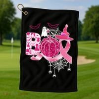 Boo Halloween Pumpkin Pink Ribbon Witch Ghost Breast Cancer Golf Towel thumb 1