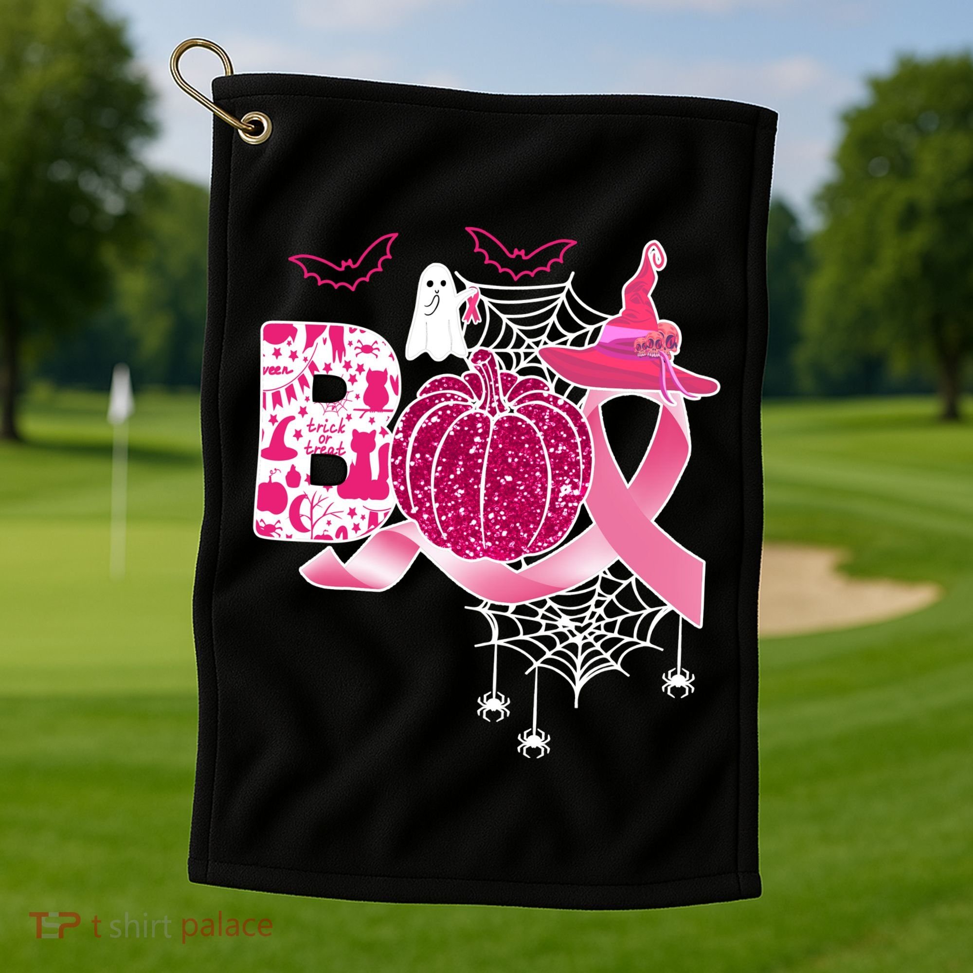 Boo Halloween Pumpkin Pink Ribbon Witch Ghost Breast Cancer Golf Towel