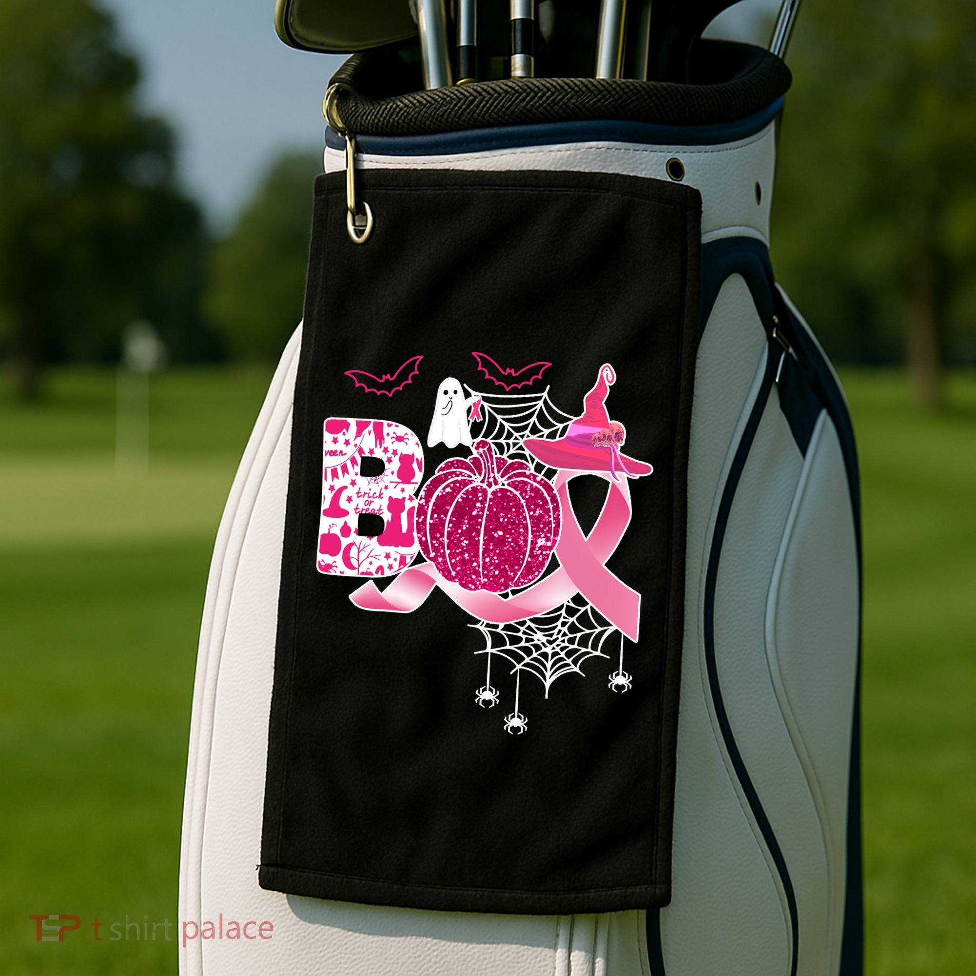 Boo Halloween Pumpkin Pink Ribbon Witch Ghost Breast Cancer Golf Towel