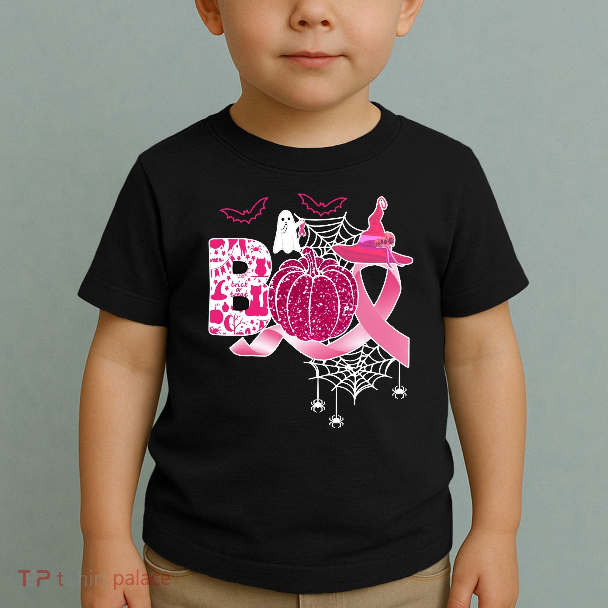 Boo Halloween Pumpkin Pink Ribbon Witch Ghost Breast Cancer Toddler T-Shirt