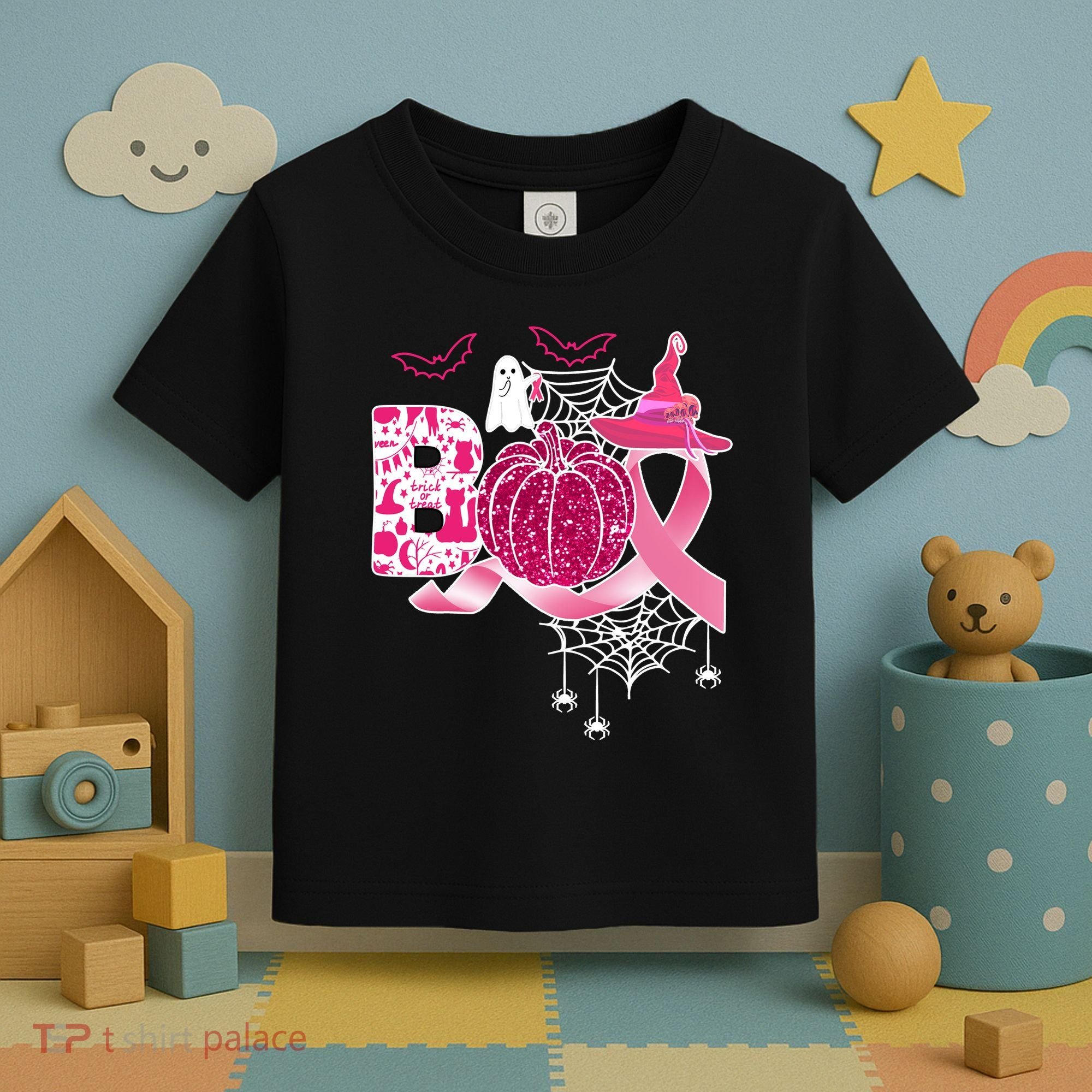 Boo Halloween Pumpkin Pink Ribbon Witch Ghost Breast Cancer Toddler T-Shirt