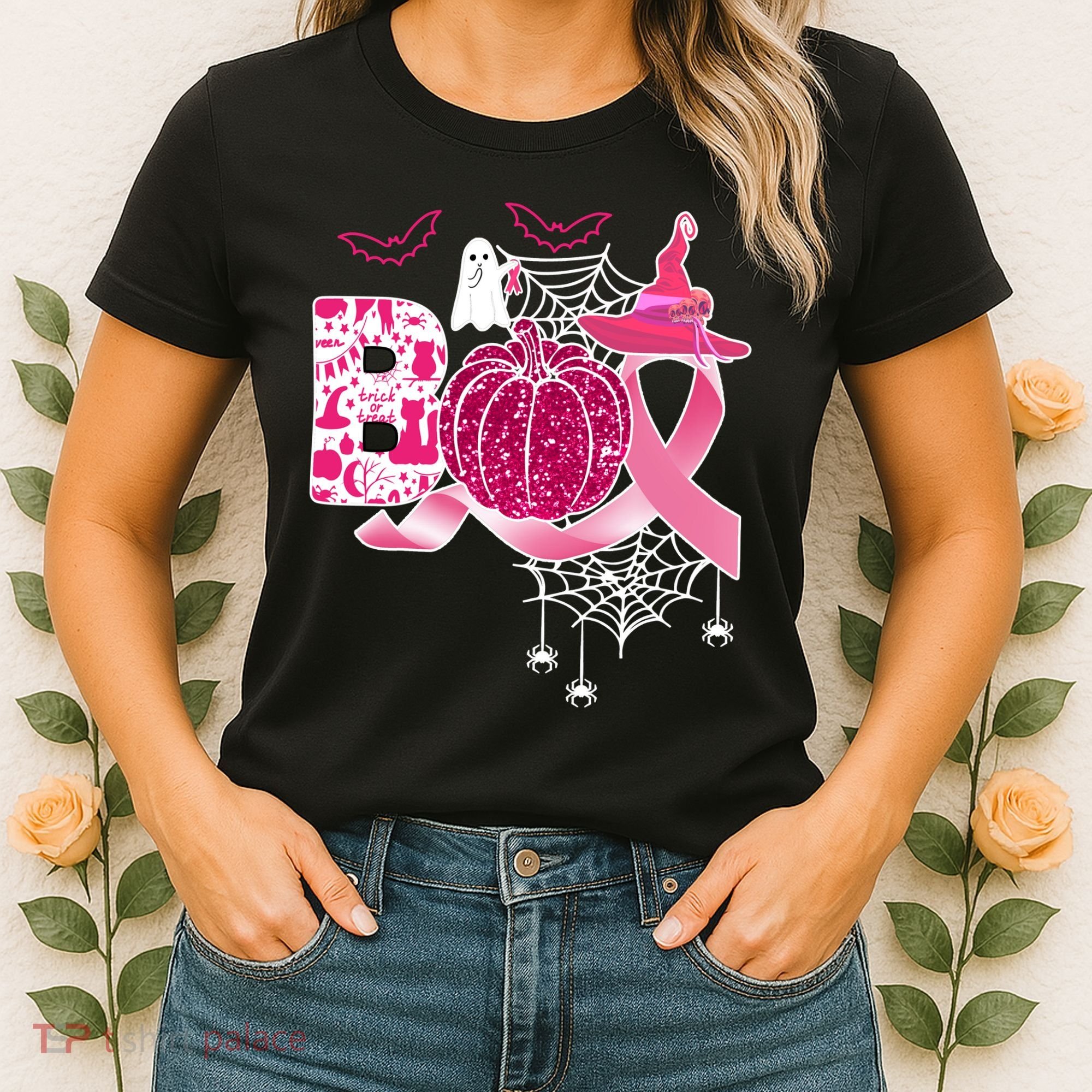 Boo Halloween Pumpkin Pink Ribbon Witch Ghost Breast Cancer Women's T-Shirt