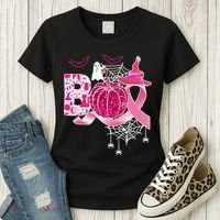 Boo Halloween Pumpkin Pink Ribbon Witch Ghost Breast Cancer Women's T-Shirt thumb 3