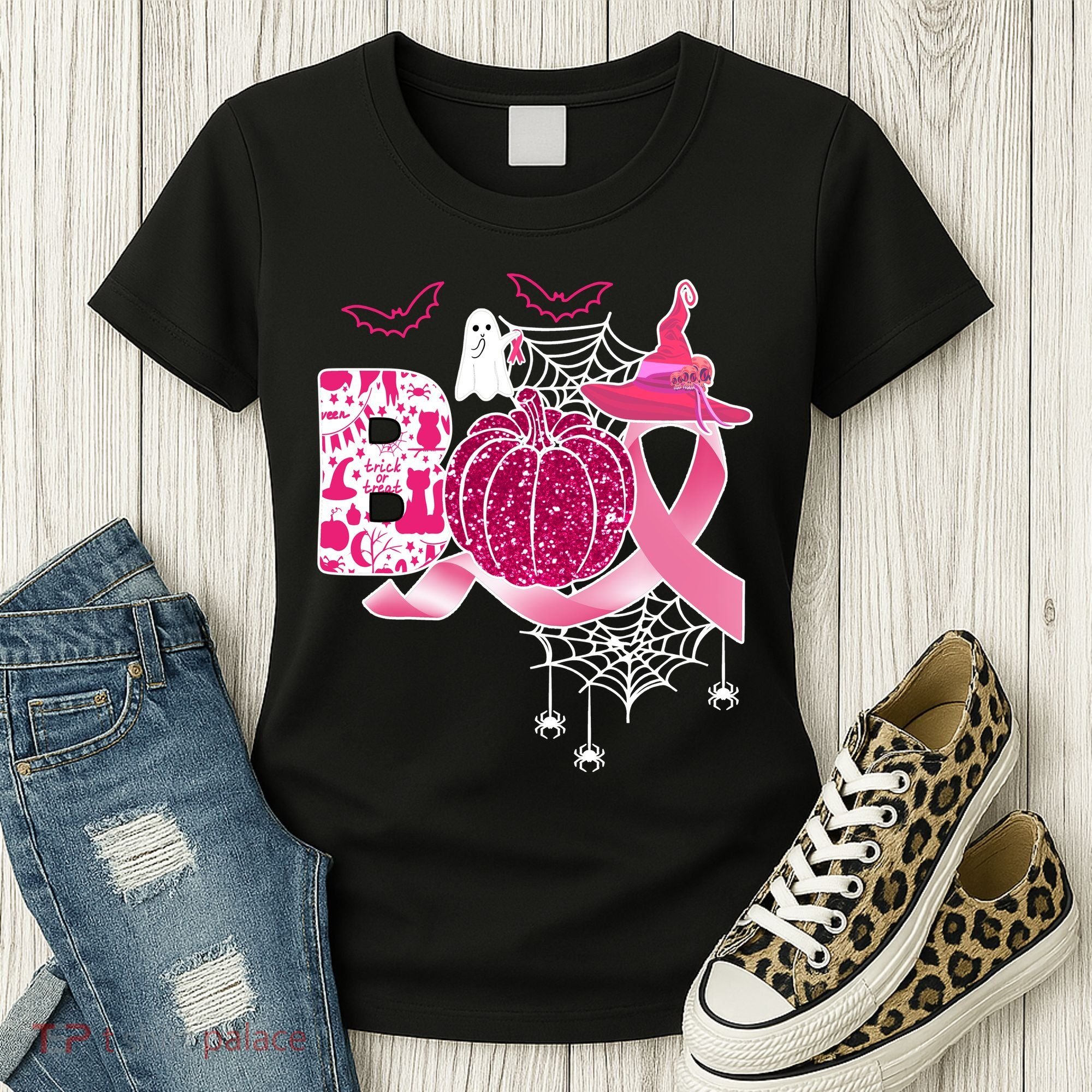 Boo Halloween Pumpkin Pink Ribbon Witch Ghost Breast Cancer Women's T-Shirt