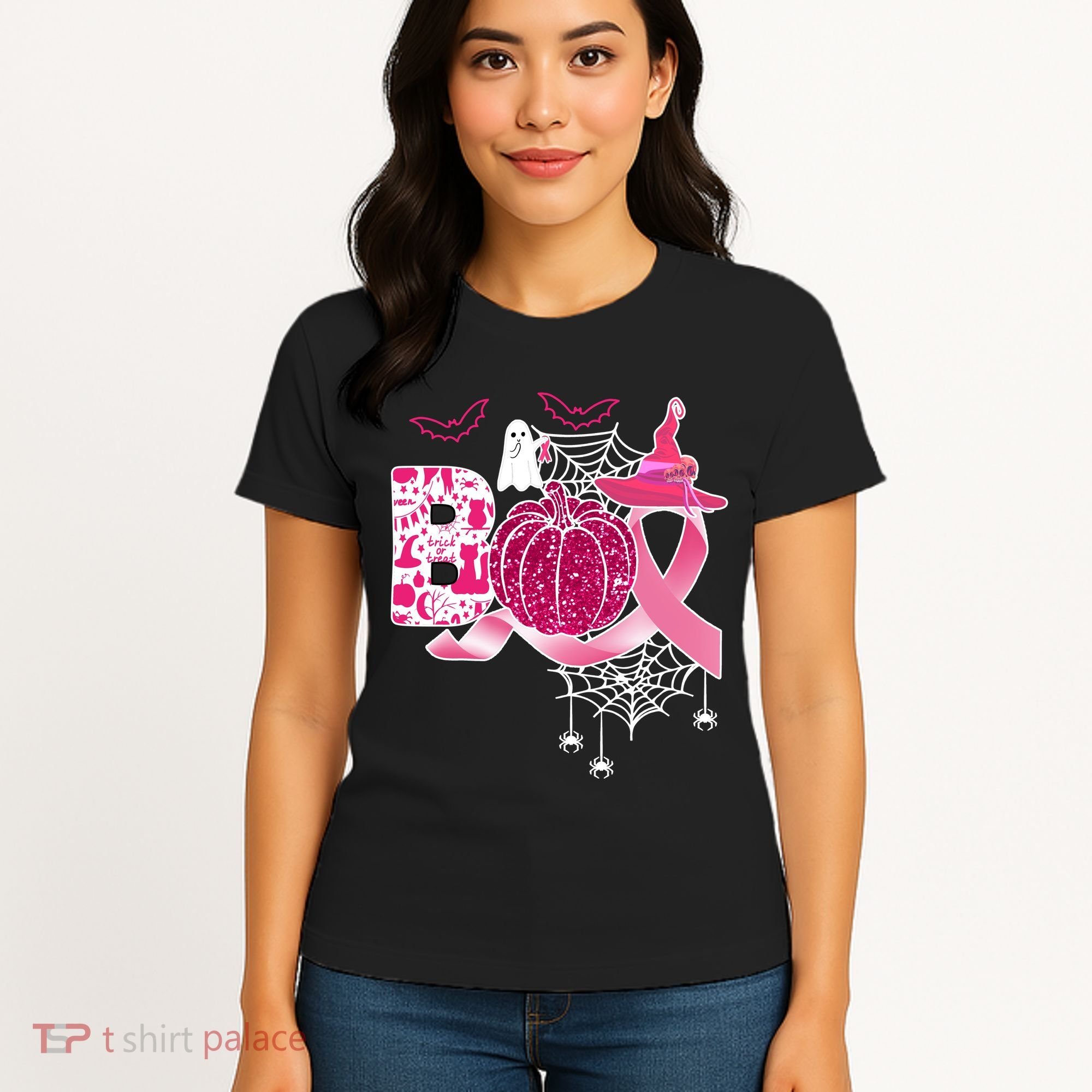Boo Halloween Pumpkin Pink Ribbon Witch Ghost Breast Cancer Women's T-Shirt