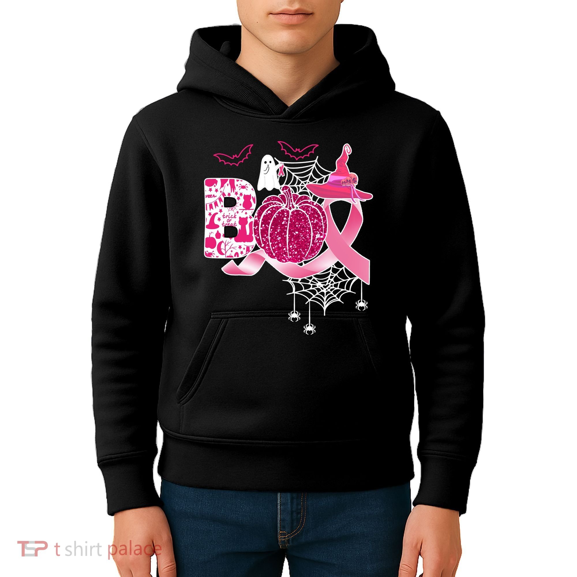 Boo Halloween Pumpkin Pink Ribbon Witch Ghost Breast Cancer Kids Hoodie