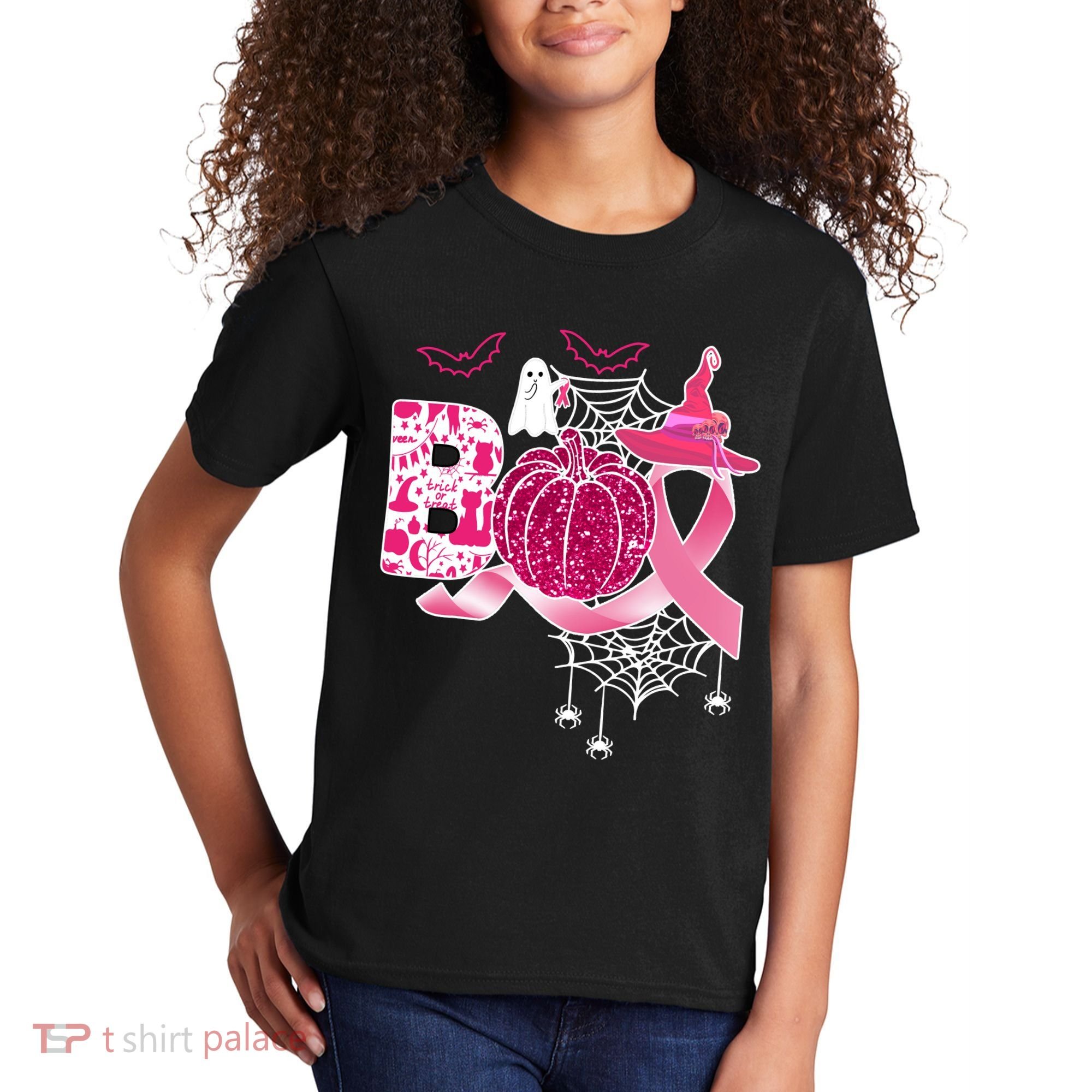 Boo Halloween Pumpkin Pink Ribbon Witch Ghost Breast Cancer Kids T-Shirt