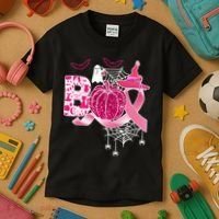 Boo Halloween Pumpkin Pink Ribbon Witch Ghost Breast Cancer Kids T-Shirt thumb 3