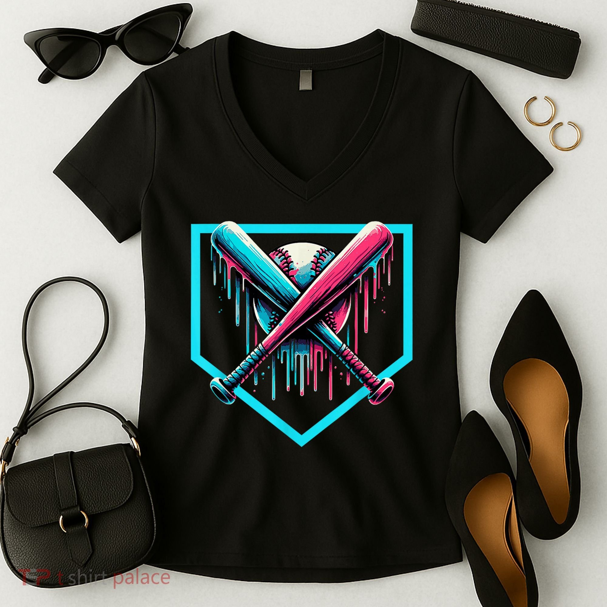 Baseball Home Plate Drip Boys Baseball Bat Baseball Drip Women's V-Neck T-Shirt