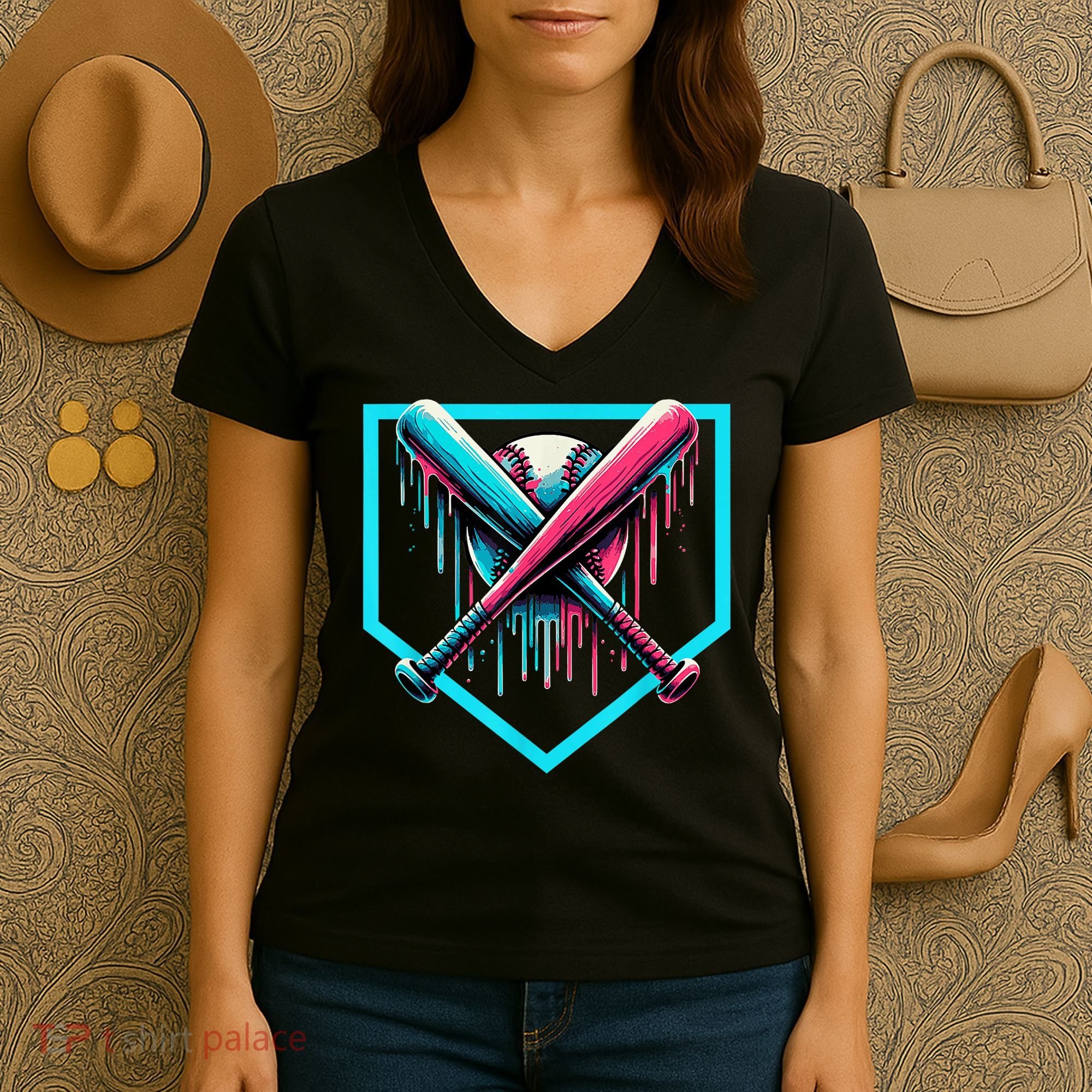 Baseball Home Plate Drip Boys Baseball Bat Baseball Drip Women's V-Neck T-Shirt