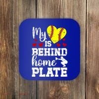 Behind Home Plate Softball Catcher Mom Softball Catcher Mama Cool Gift Coaster thumb 0