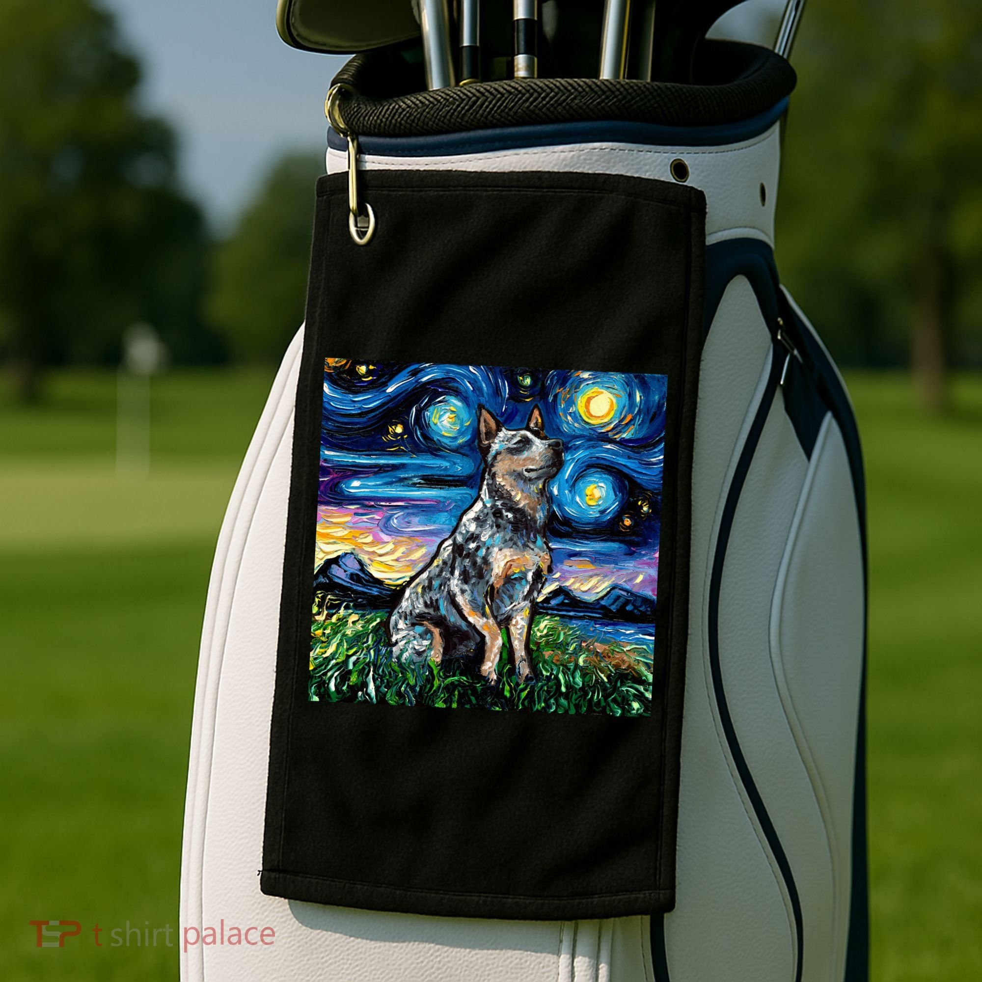 Blue Heeler Starry Night Australian Cattle Dog Art By Aja Cute Gift Golf Towel
