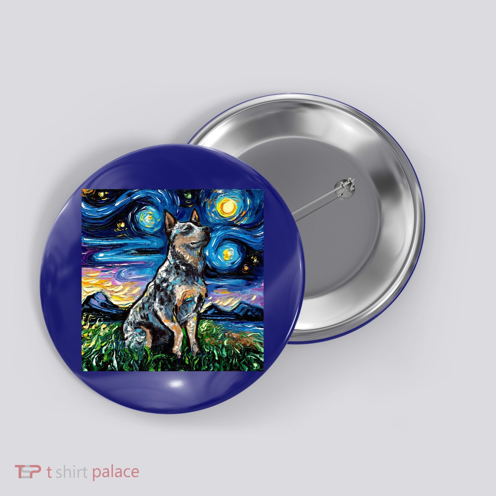 Blue Heeler Starry Night Australian Cattle Dog Art By Aja Cute Gift Button