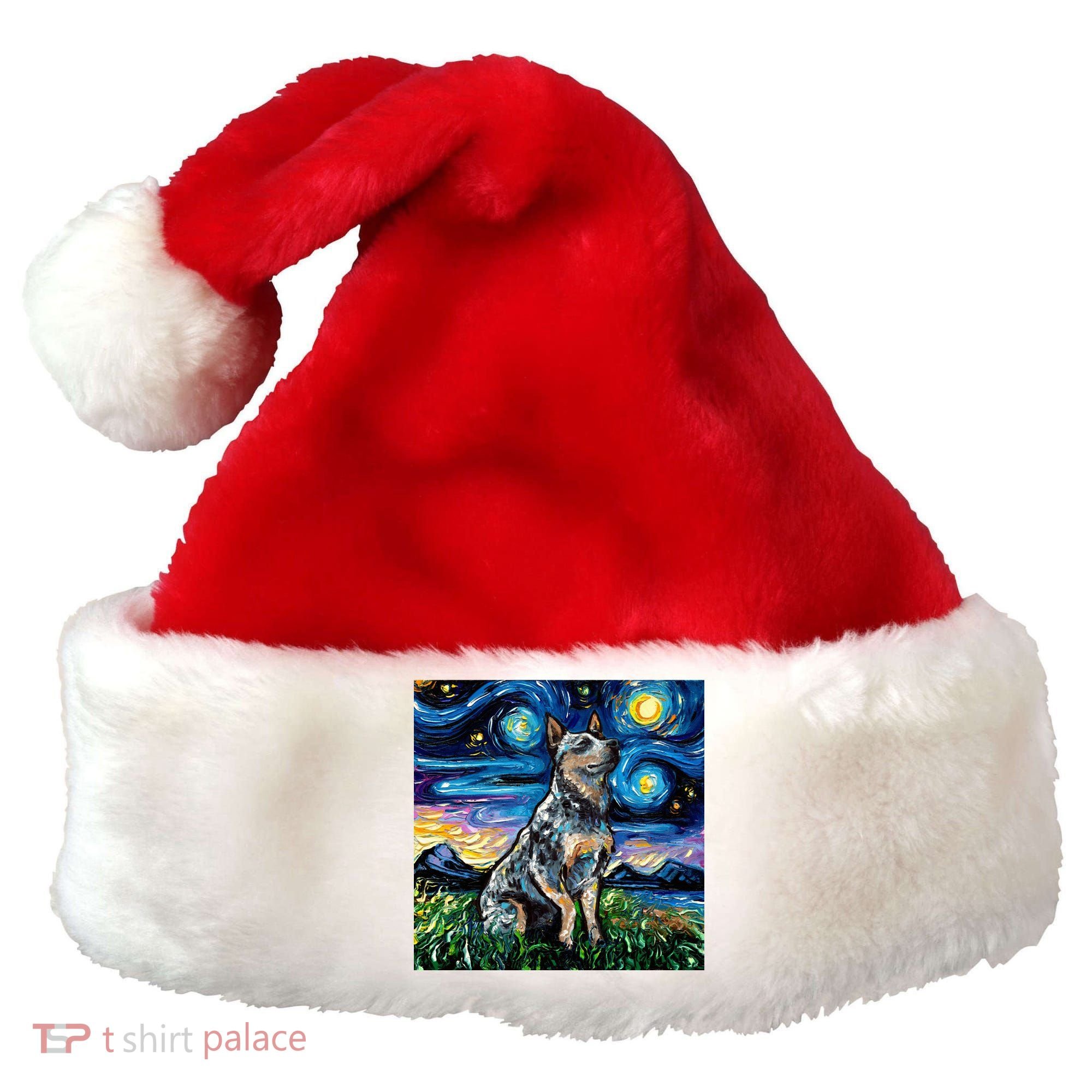 Blue Heeler Starry Night Australian Cattle Dog Art By Aja Cute Gift Santa Hat