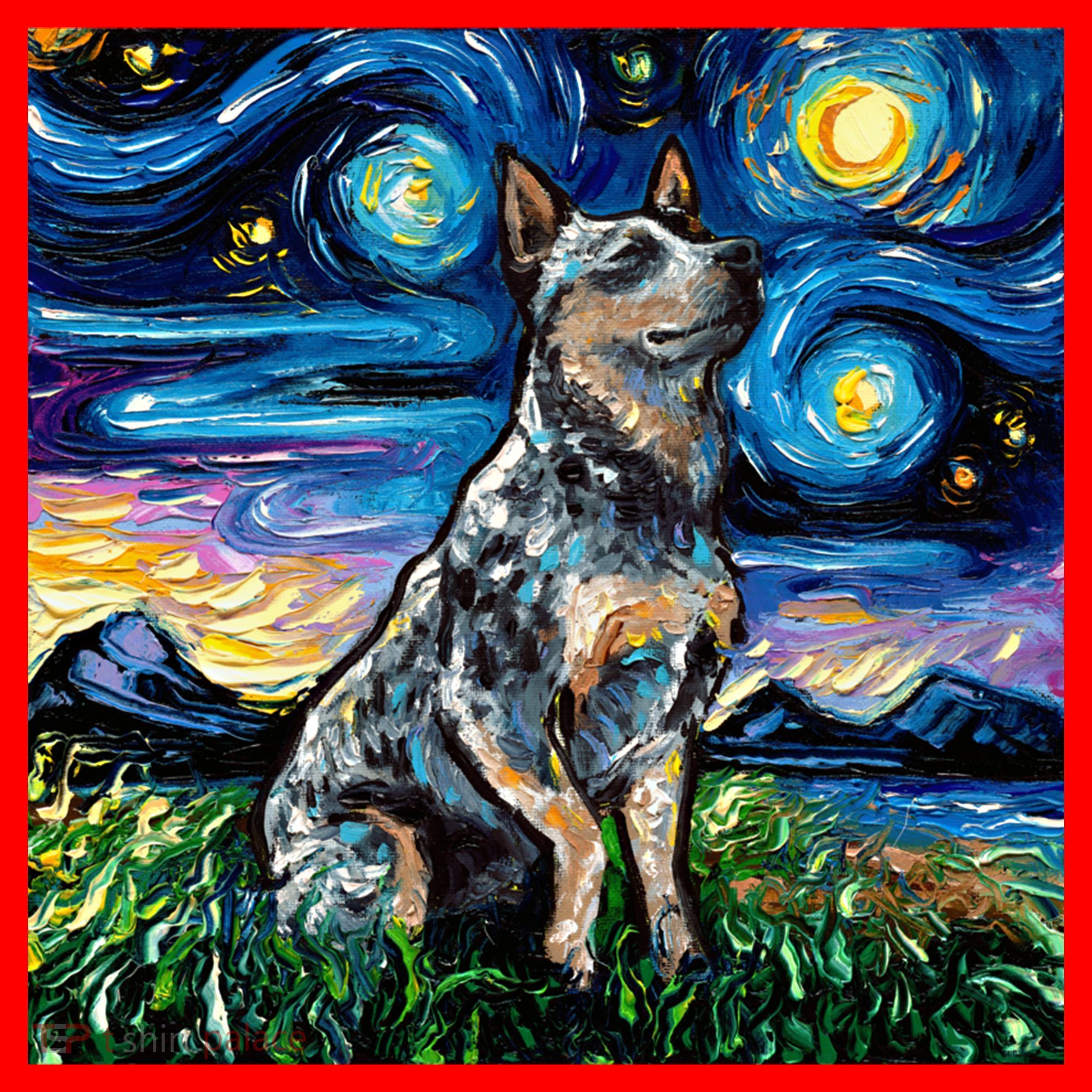 Blue Heeler Starry Night Australian Cattle Dog Art By Aja Cute Gift Santa Hat