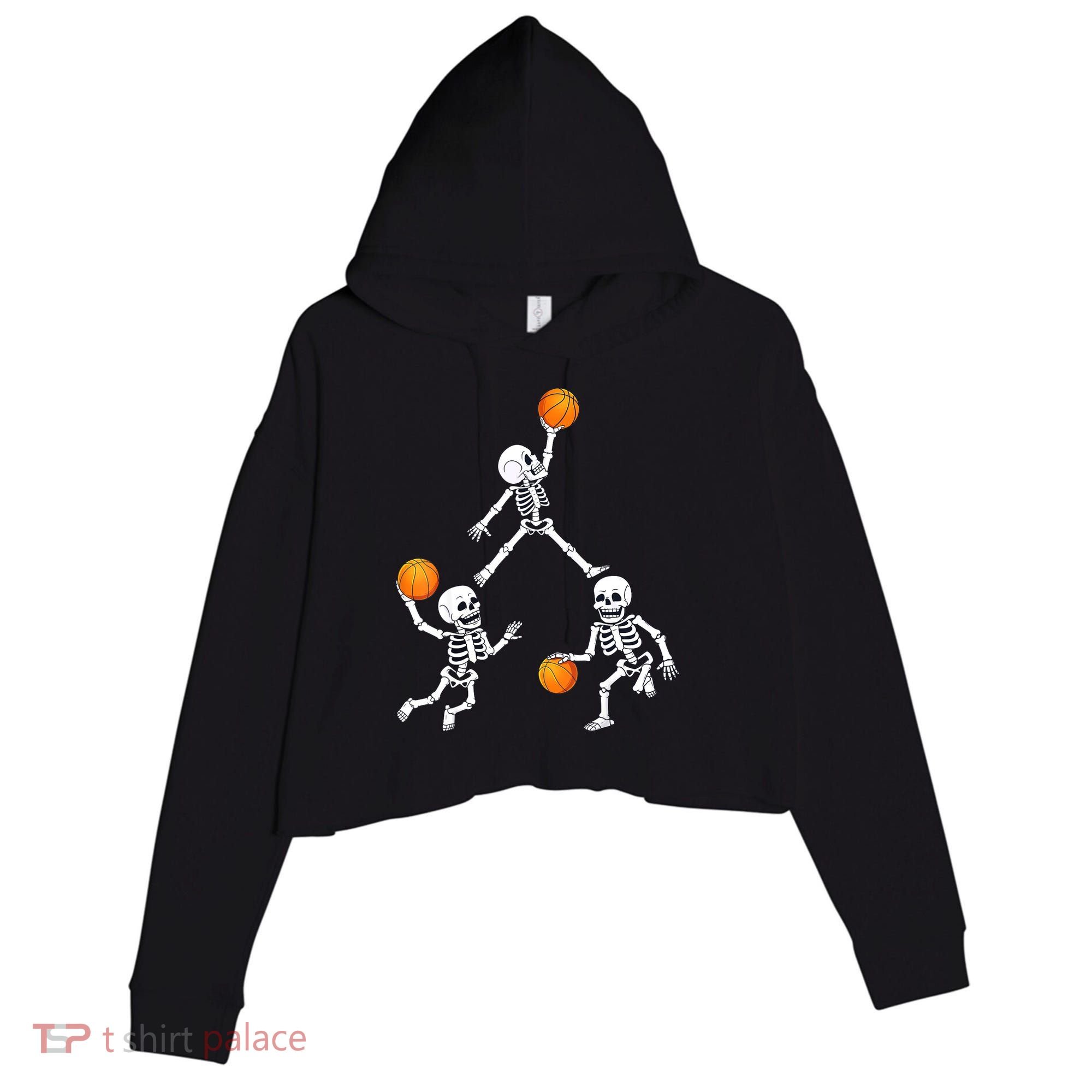Basketball Halloween Skeleton Dunking Dribble Boys Teen Crop Fleece Hoodie