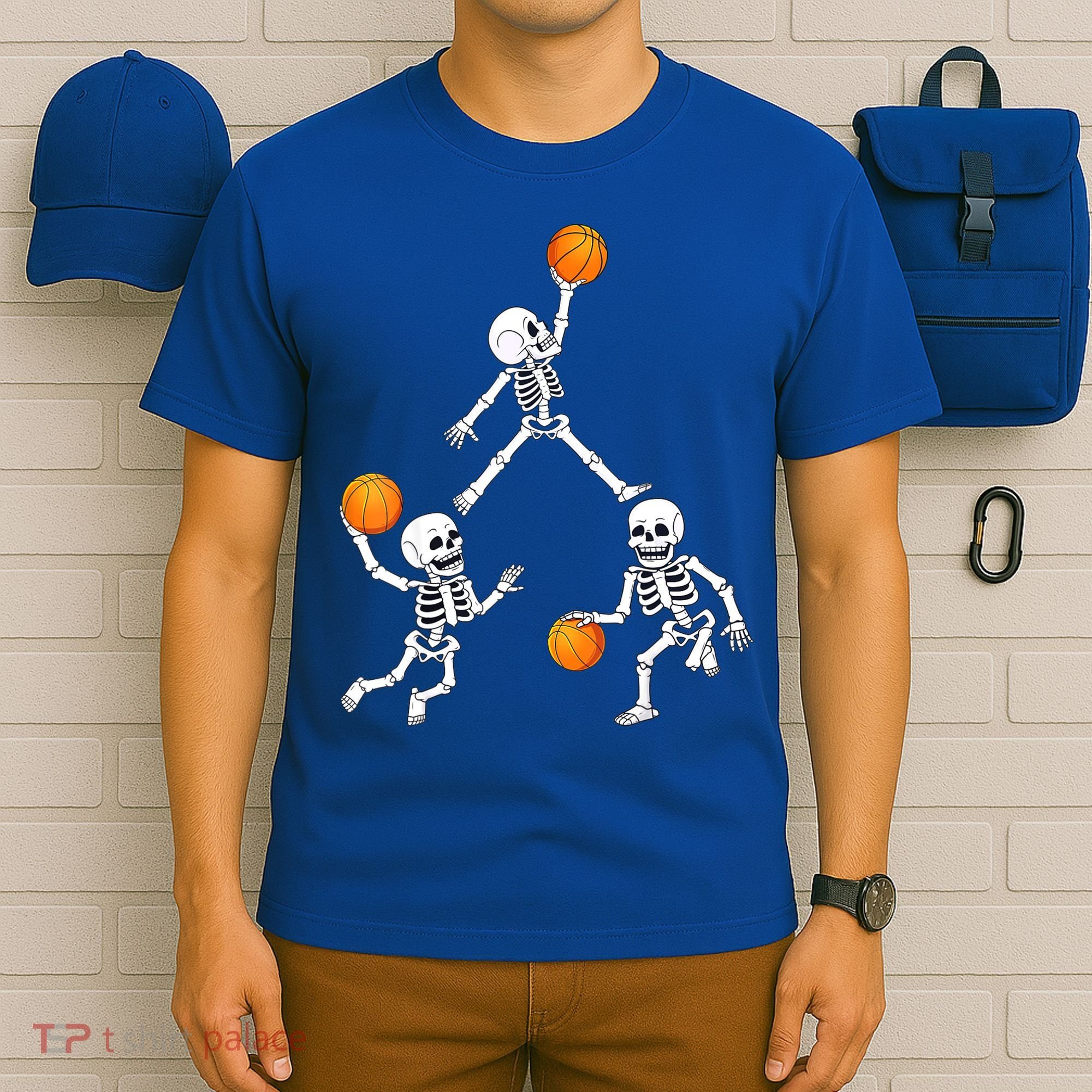 Basketball Halloween Skeleton Dunking Dribble Boys Teen T-Shirt