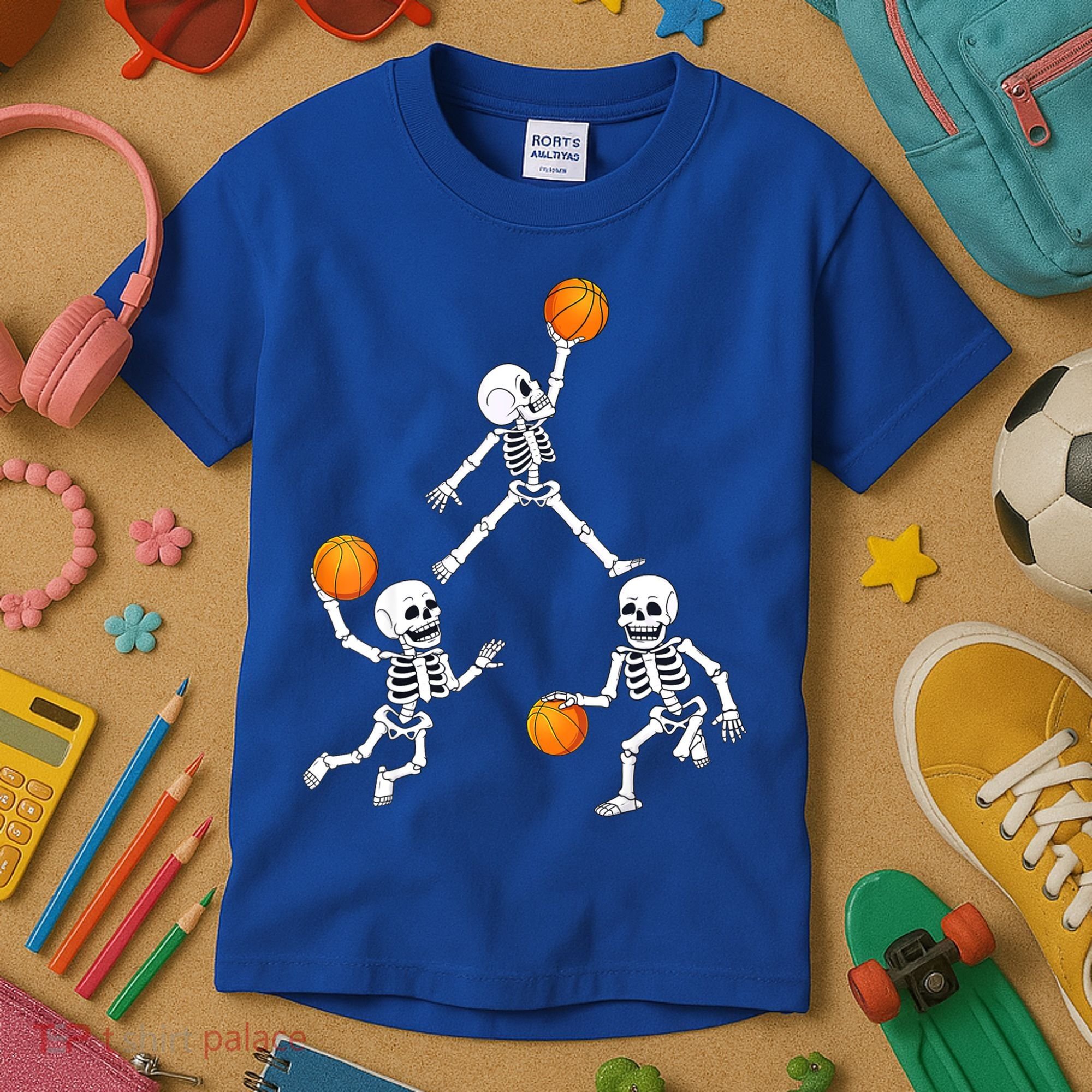 Basketball Halloween Skeleton Dunking Dribble Boys Teen Kids T-Shirt