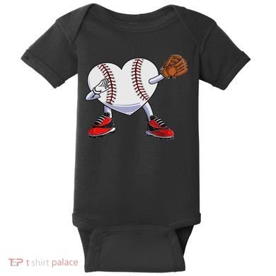 Baseball Heart Valentines Day Dabbing Baseball Catcher Baby Bodysuit