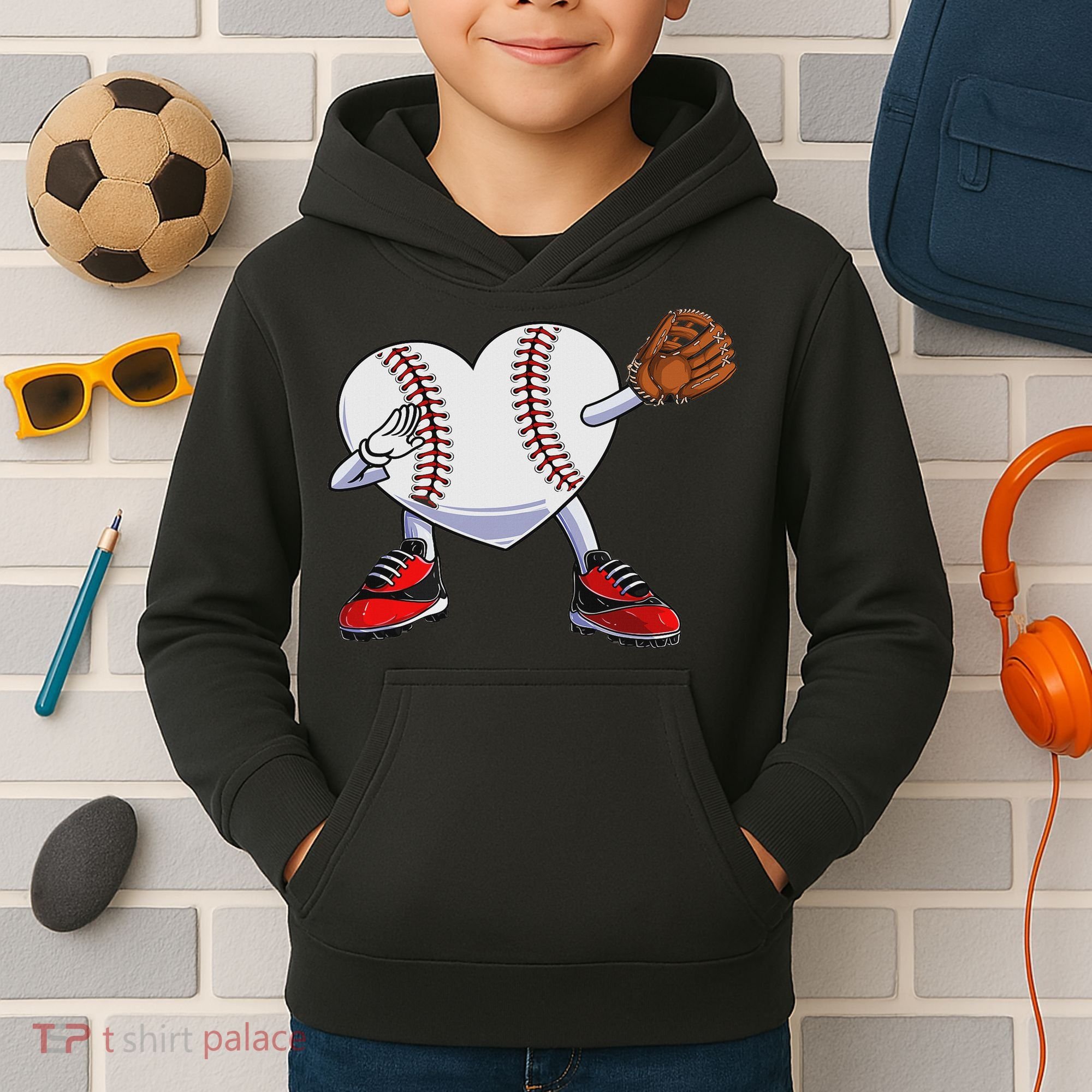 Baseball Heart Valentines Day Dabbing Baseball Catcher Kids Hoodie