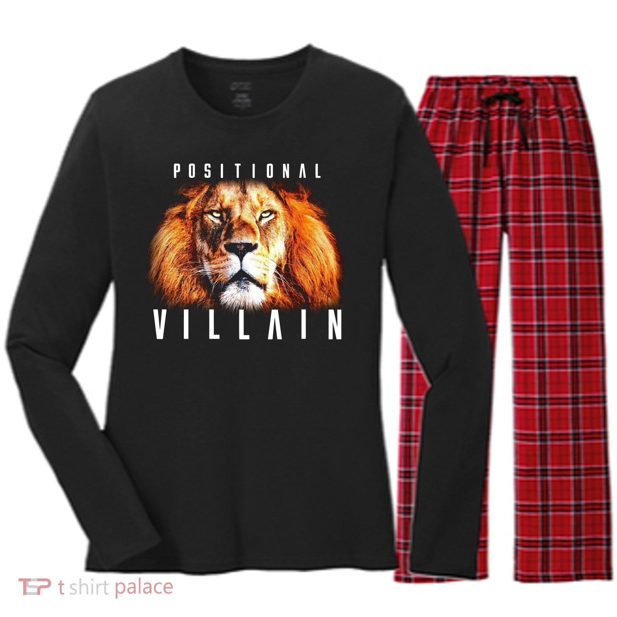Wearing Positional Villain Women's Long Sleeve Flannel Pajama Set 