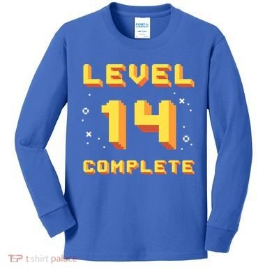 Born In 2007 Level 14 Complete 14th Birthday Retro Gaming Gift Kids Long Sleeve Shirt