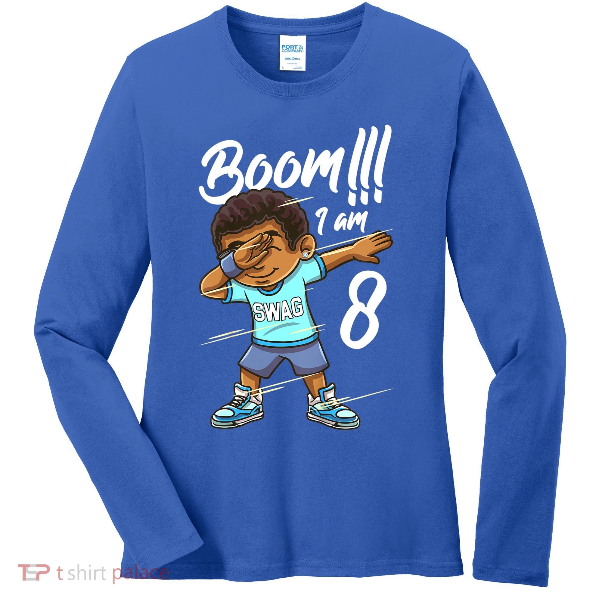 Boom Im 8 Year Old Black Boy Dabbing Birthday Party 8th Bday Women's Long Sleeve Shirt