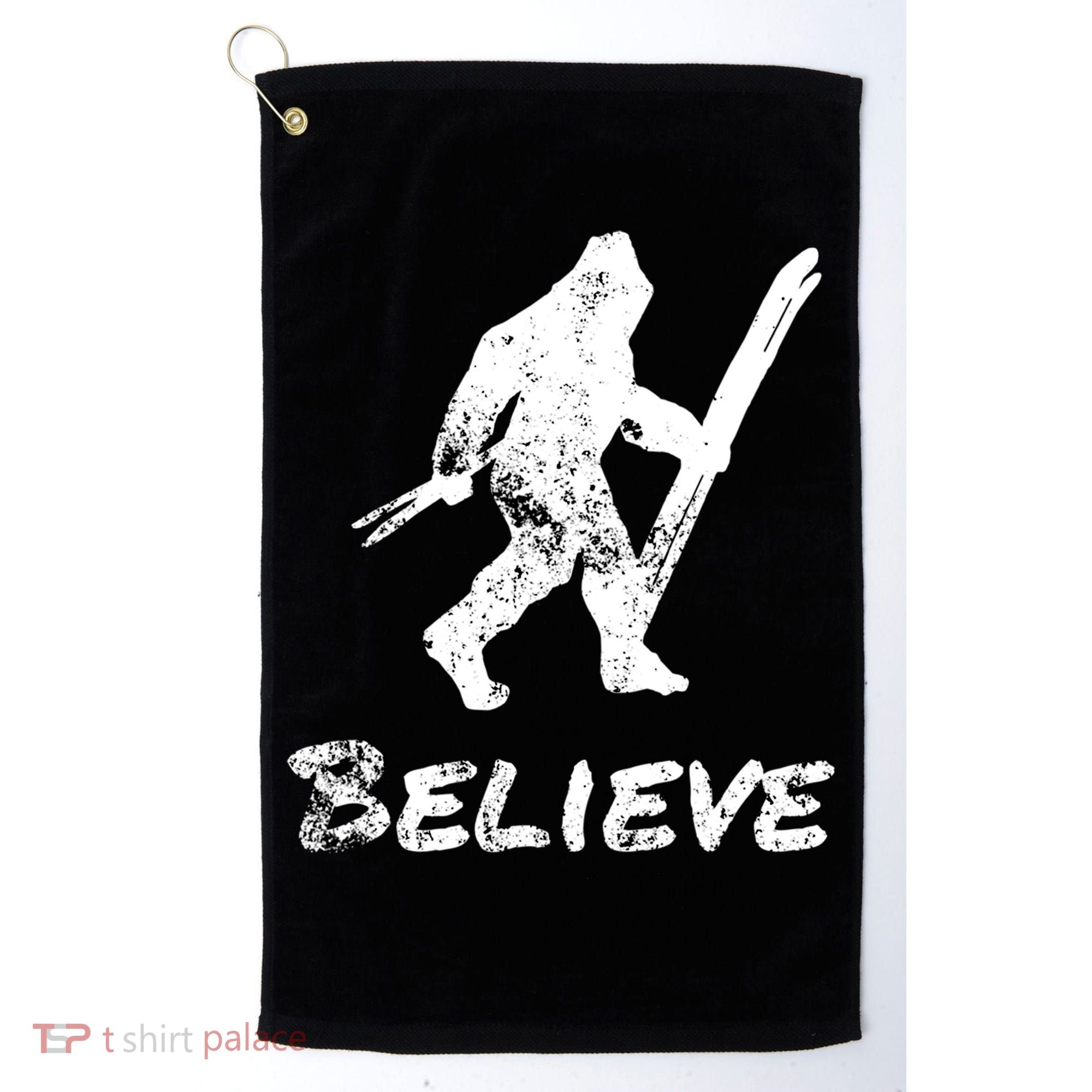 Bigfoot I Believe Skiing Funny Sasquatch Yeti Skiing Gift Golf Towel