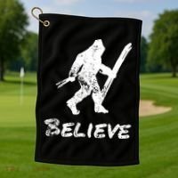 Bigfoot I Believe Skiing Funny Sasquatch Yeti Skiing Gift Golf Towel thumb 1