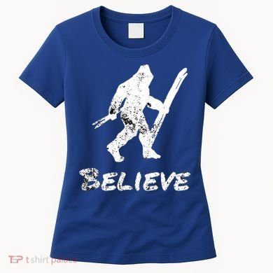 Bigfoot I Believe Skiing Funny Sasquatch Yeti Skiing Gift Women's T-Shirt