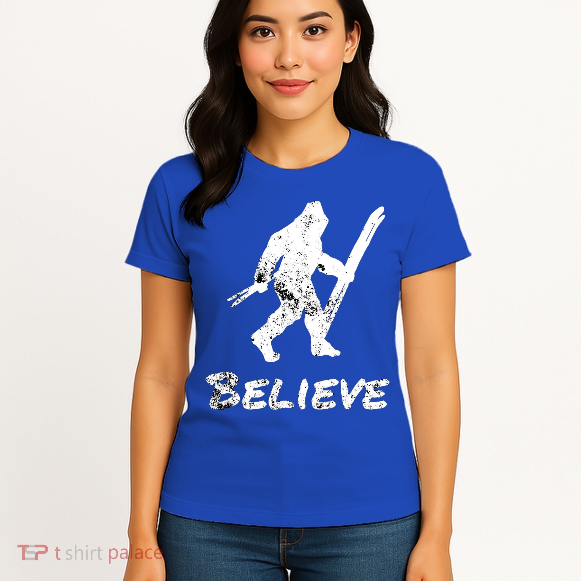 Bigfoot I Believe Skiing Funny Sasquatch Yeti Skiing Gift Women's T-Shirt