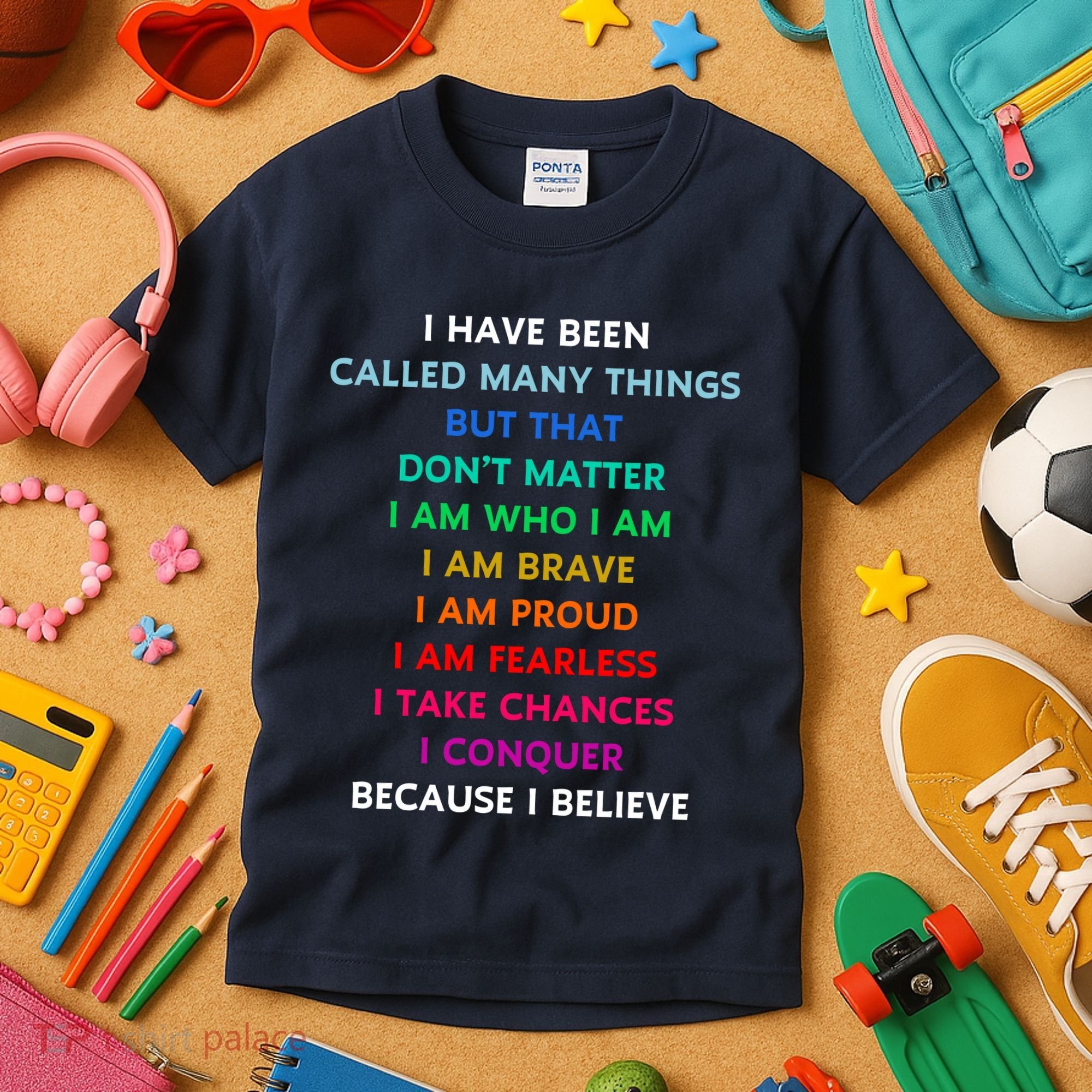Because I Believe In Me Rainbow Mantra Kids T-Shirt