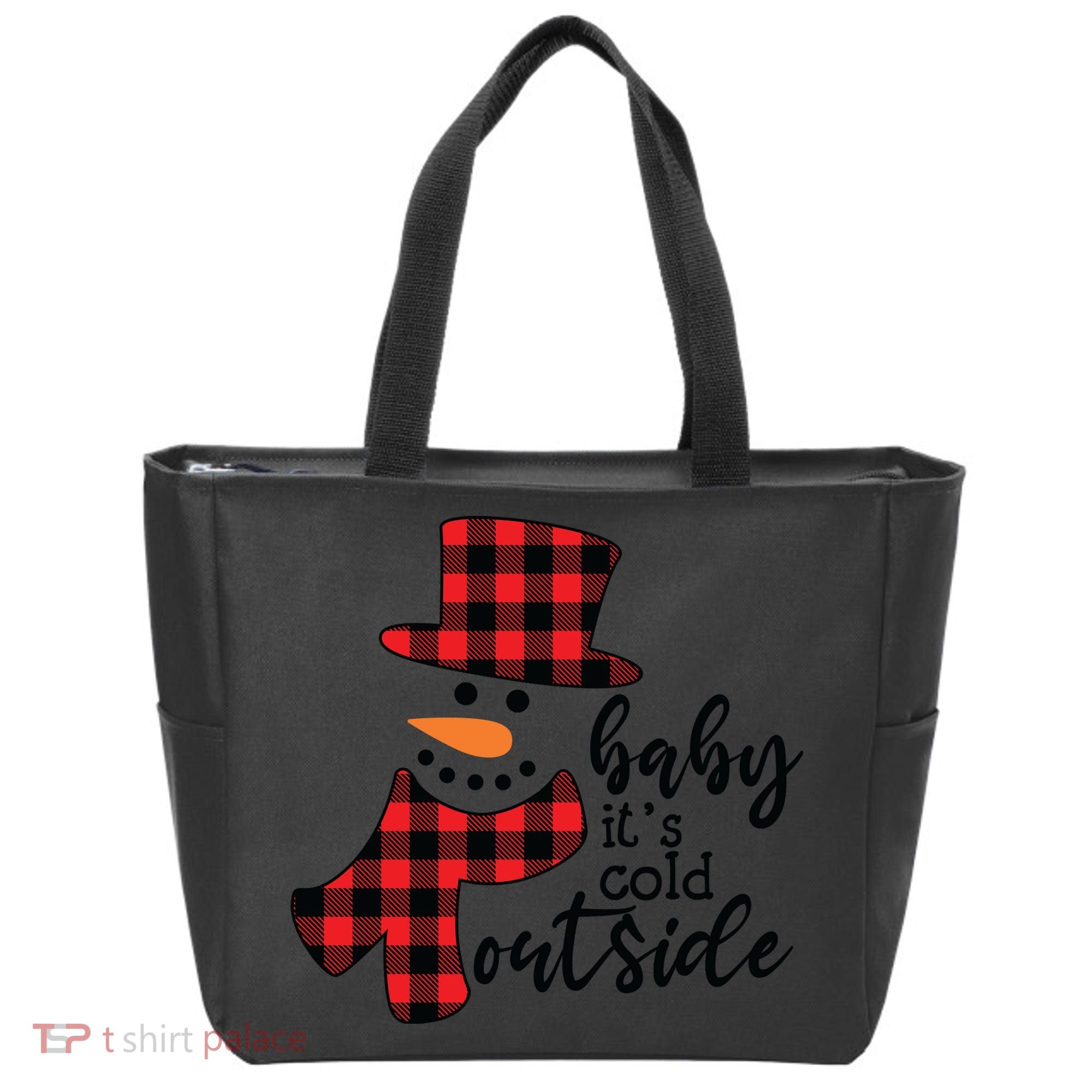 Baby It's Cold Outside Snowman Buffalo Plaid Pajama Xmas Gift Tote Bag