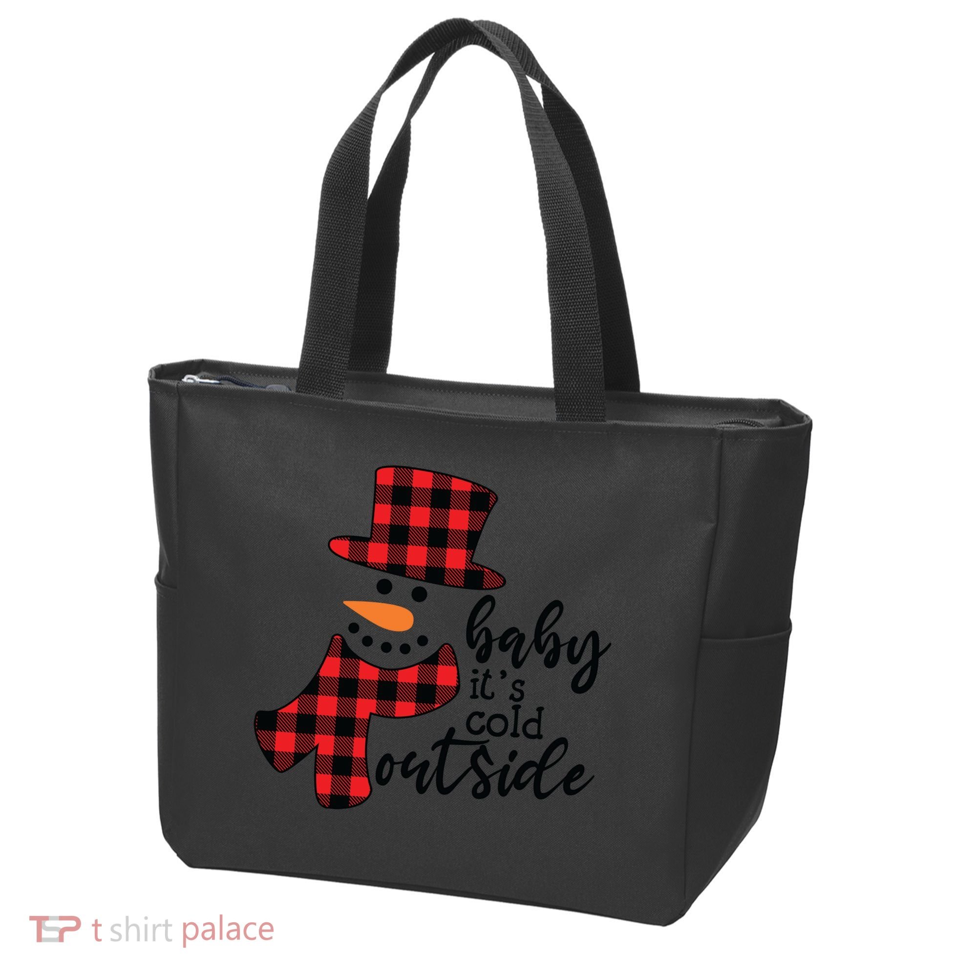 Baby It's Cold Outside Snowman Buffalo Plaid Pajama Xmas Gift Tote Bag