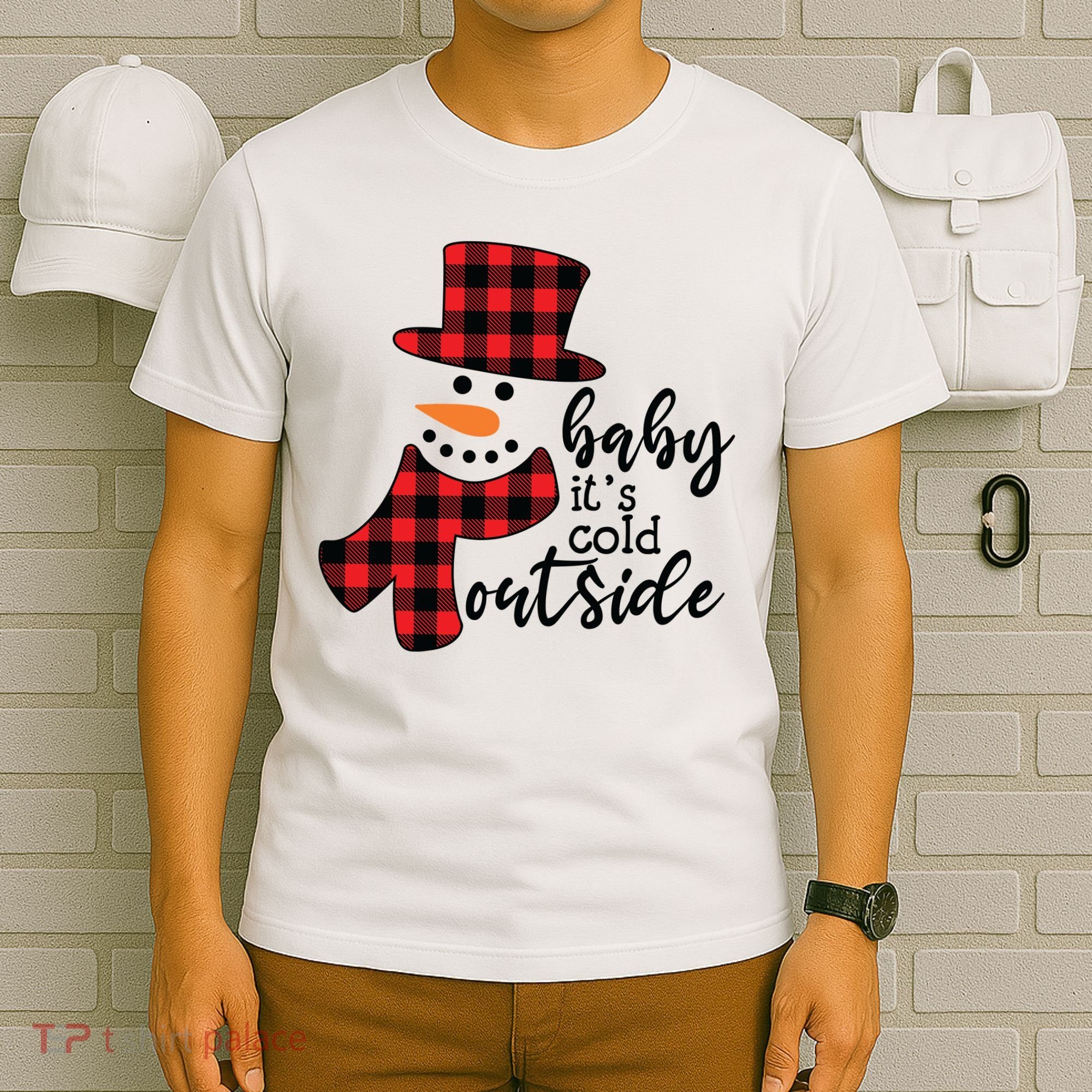 Baby It's Cold Outside Snowman Buffalo Plaid Pajama Xmas Gift T-Shirt