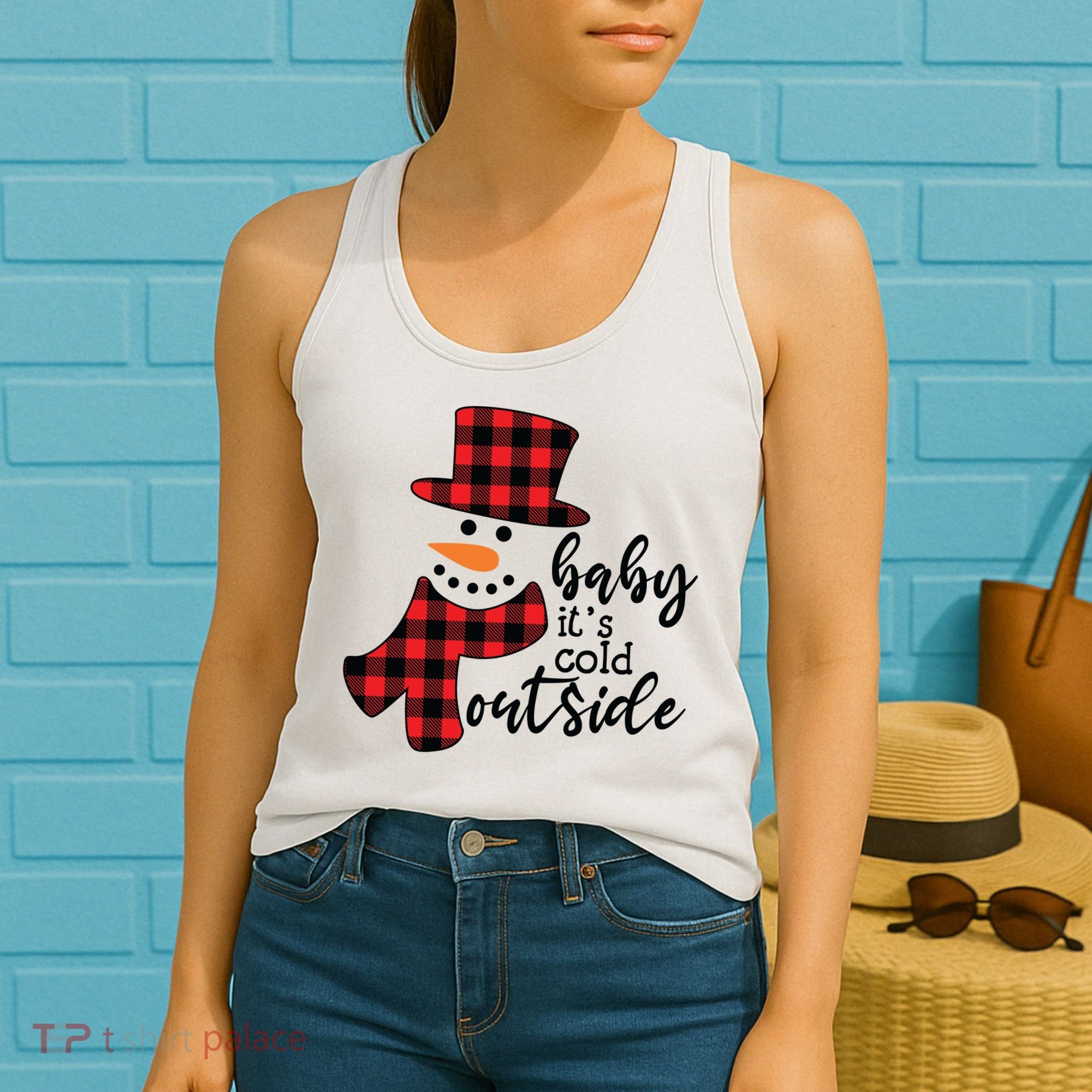 Baby It's Cold Outside Snowman Buffalo Plaid Pajama Xmas Gift Women's Tank Top