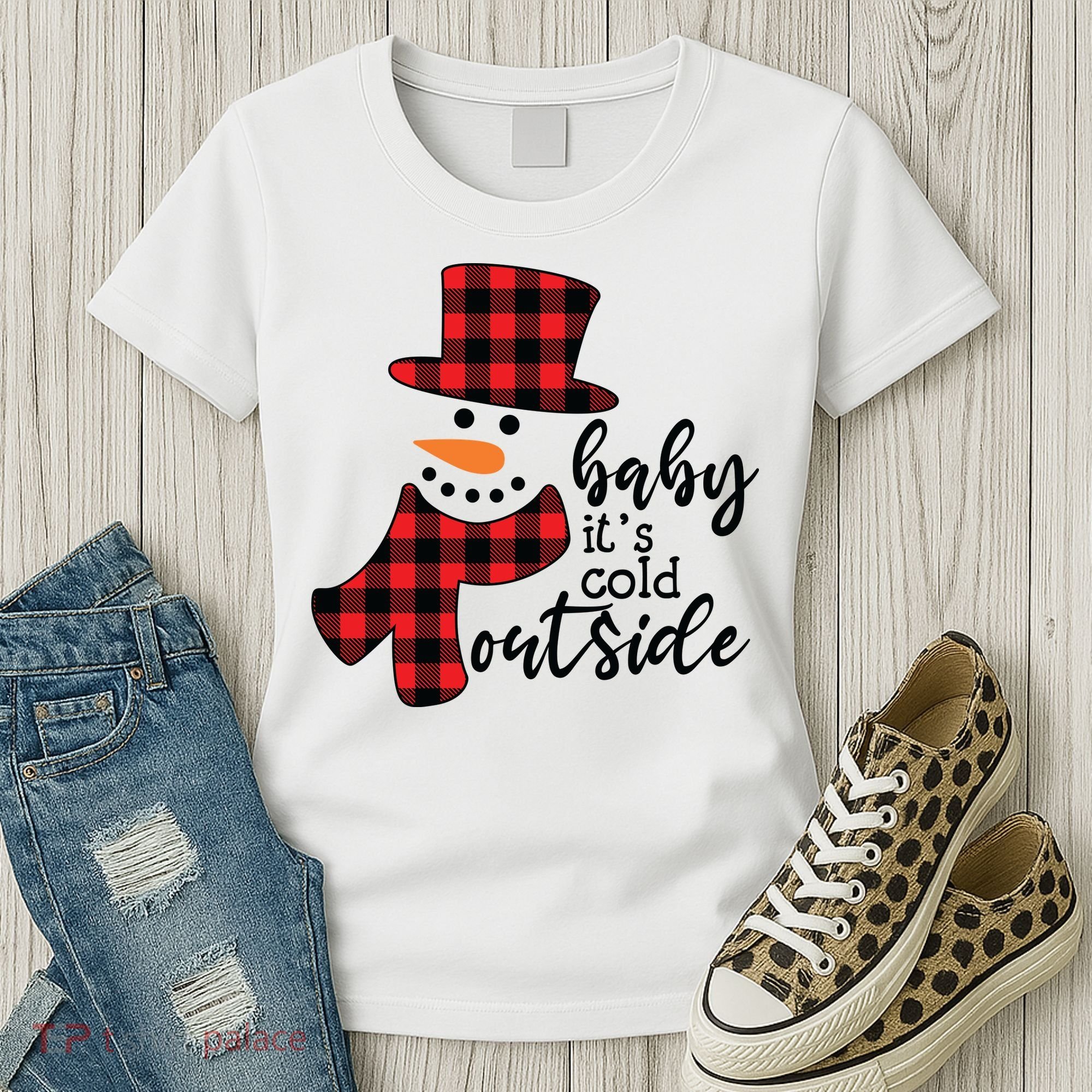 Baby It's Cold Outside Snowman Buffalo Plaid Pajama Xmas Gift Women's T-Shirt