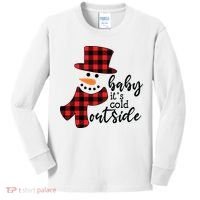 Baby It's Cold Outside Snowman Buffalo Plaid Pajama Xmas Gift Kids Long Sleeve Shirt thumb 0