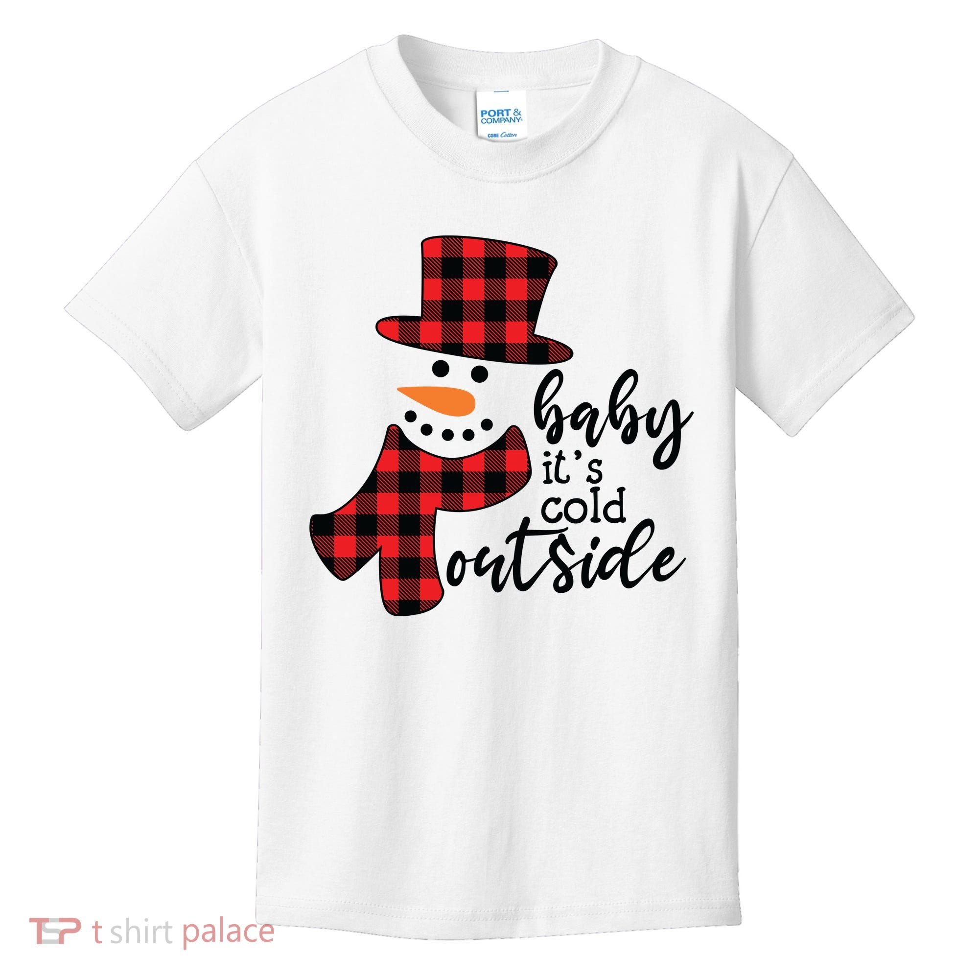 Baby It's Cold Outside Snowman Buffalo Plaid Pajama Xmas Gift Kids T-Shirt
