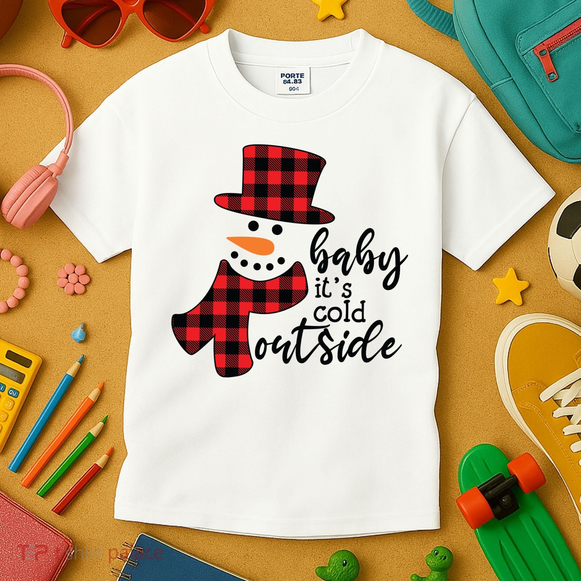 Baby It's Cold Outside Snowman Buffalo Plaid Pajama Xmas Gift Kids T-Shirt