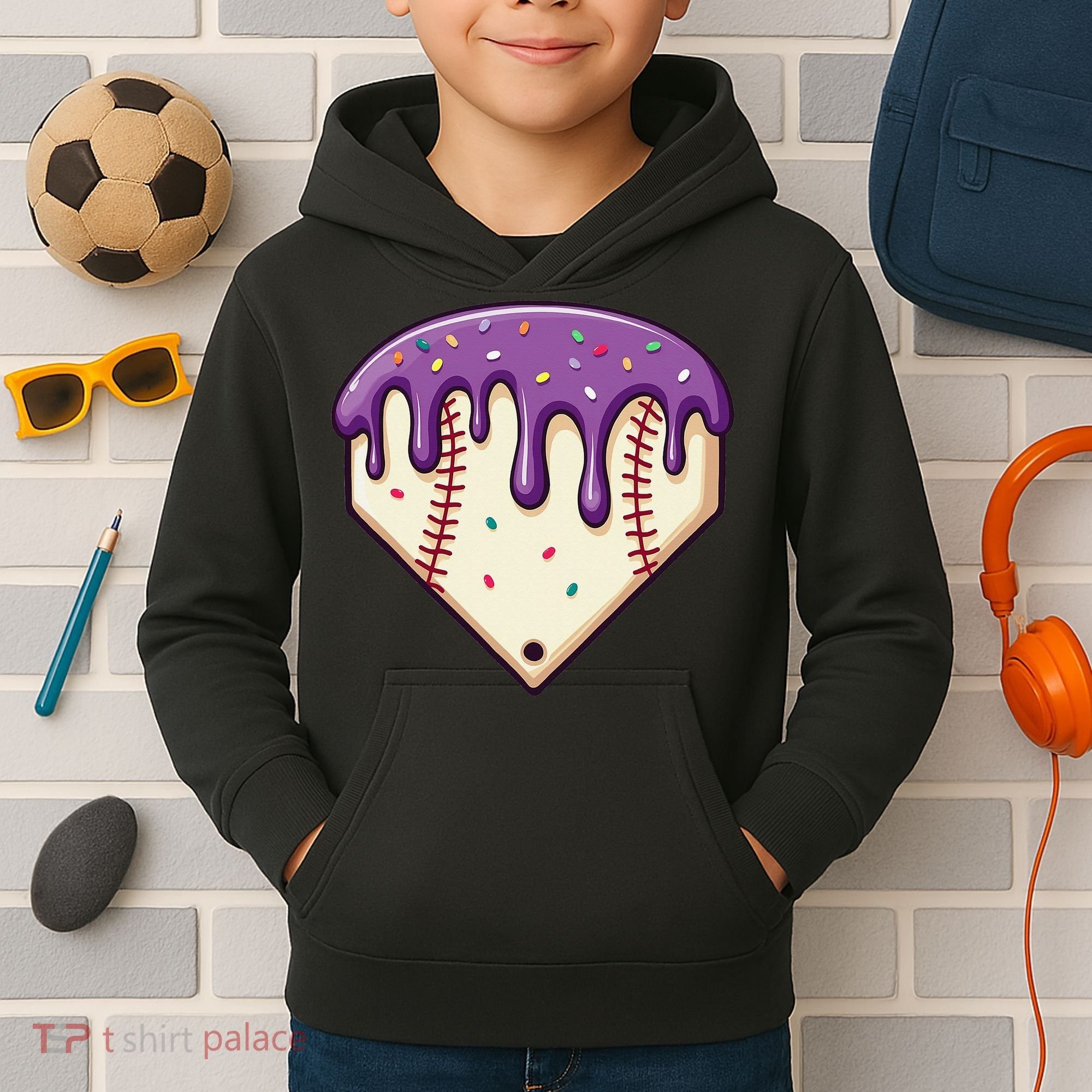 Baseball Ice Cream Dripping Baseball Home Plate Drip Kids Hoodie