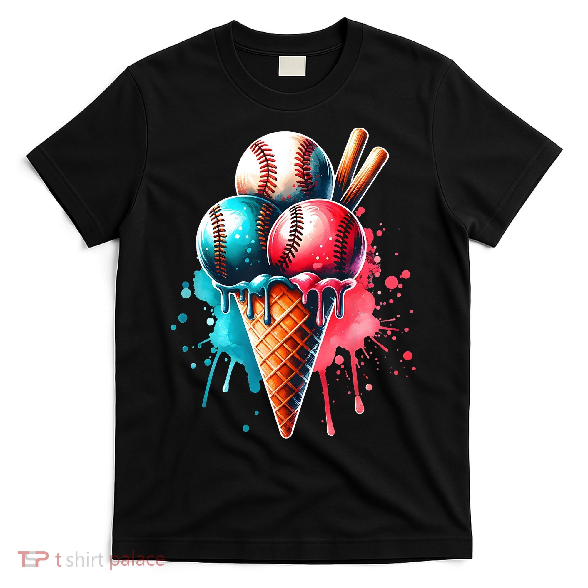 Baseball Ice Cream Watercolor Sports Lover Ice Cream Cone T-Shirt