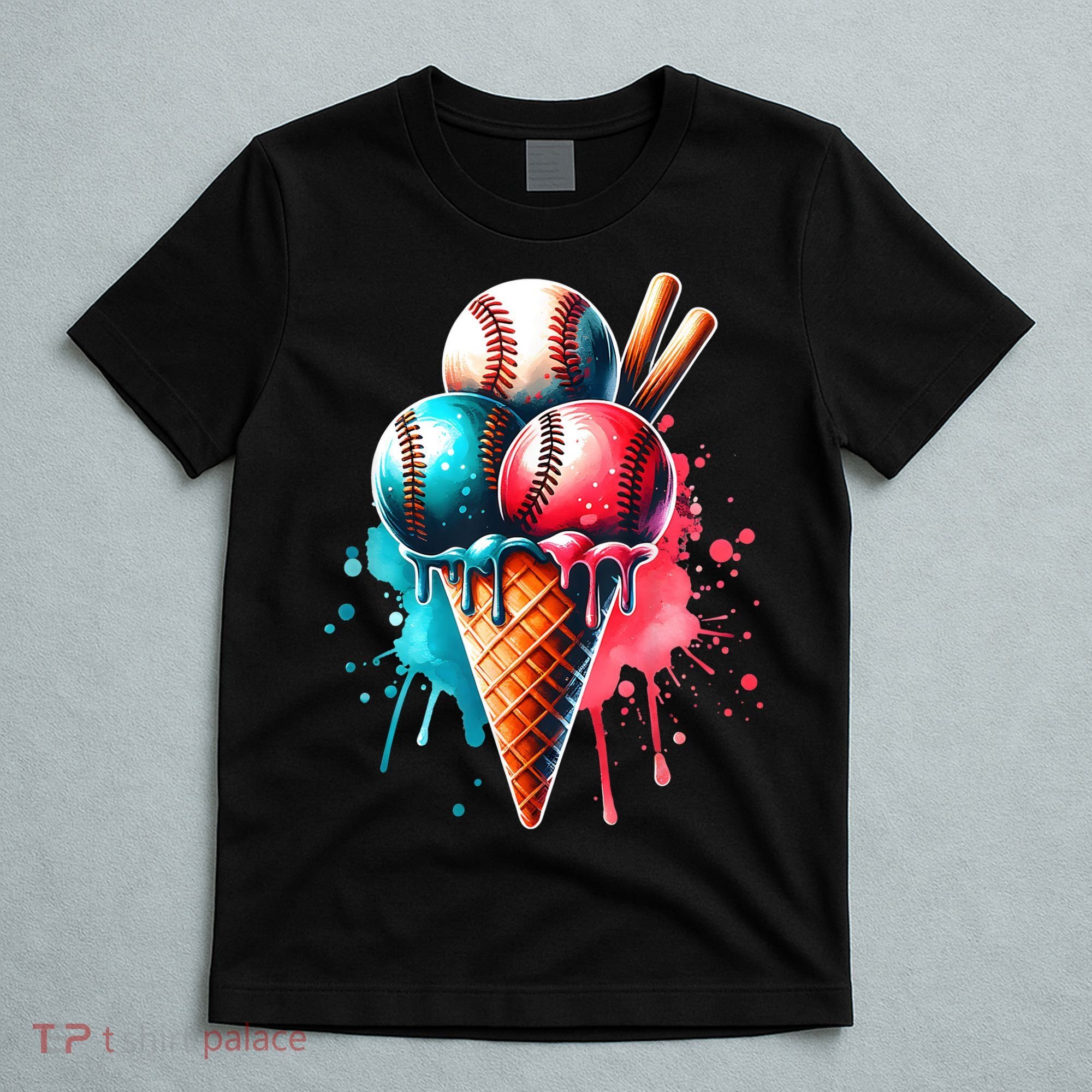 Baseball Ice Cream Watercolor Sports Lover Ice Cream Cone T-Shirt