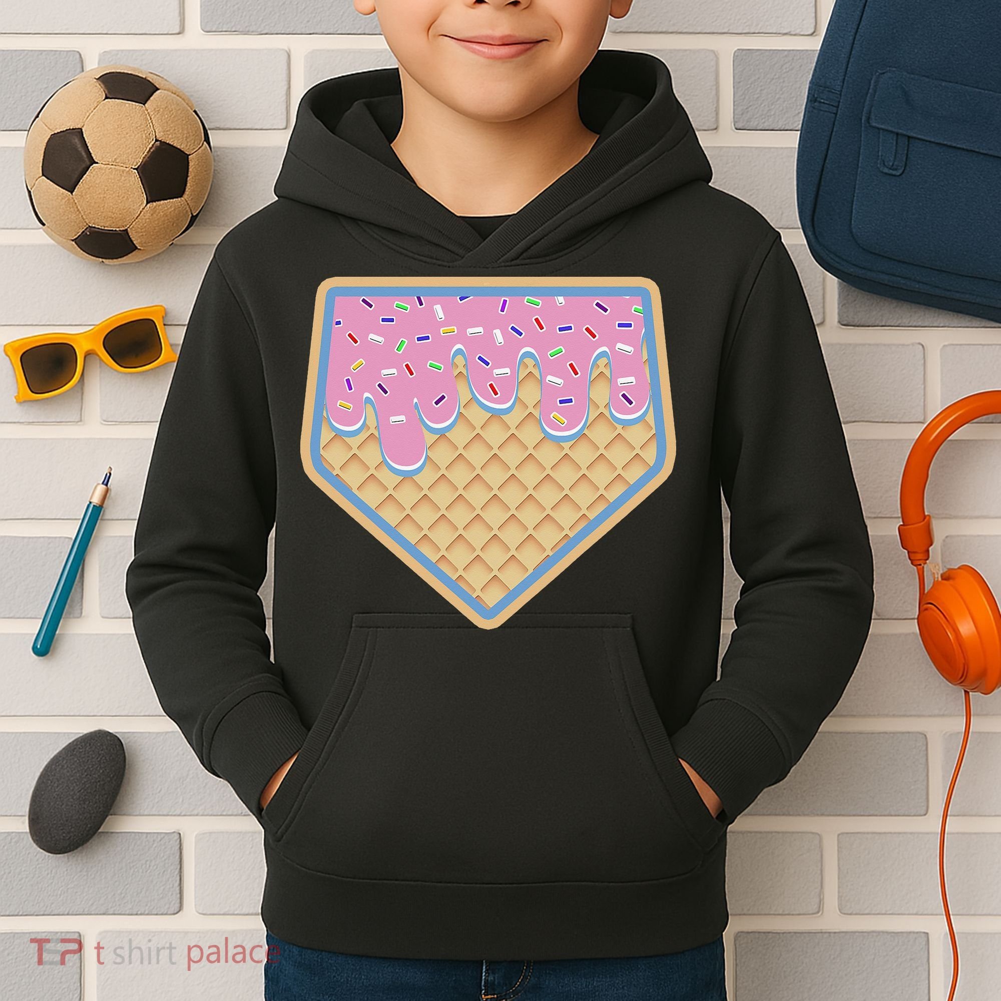 Baseball Ice Cream Dripping Baseball Home Plate Drip Kids Hoodie