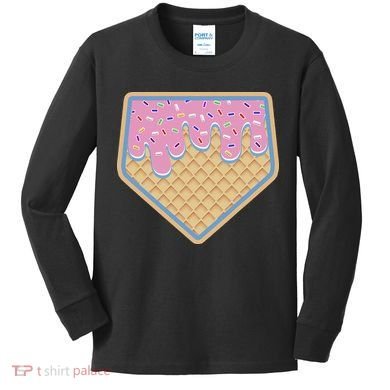 Baseball Ice Cream Dripping Baseball Home Plate Drip Kids Long Sleeve Shirt