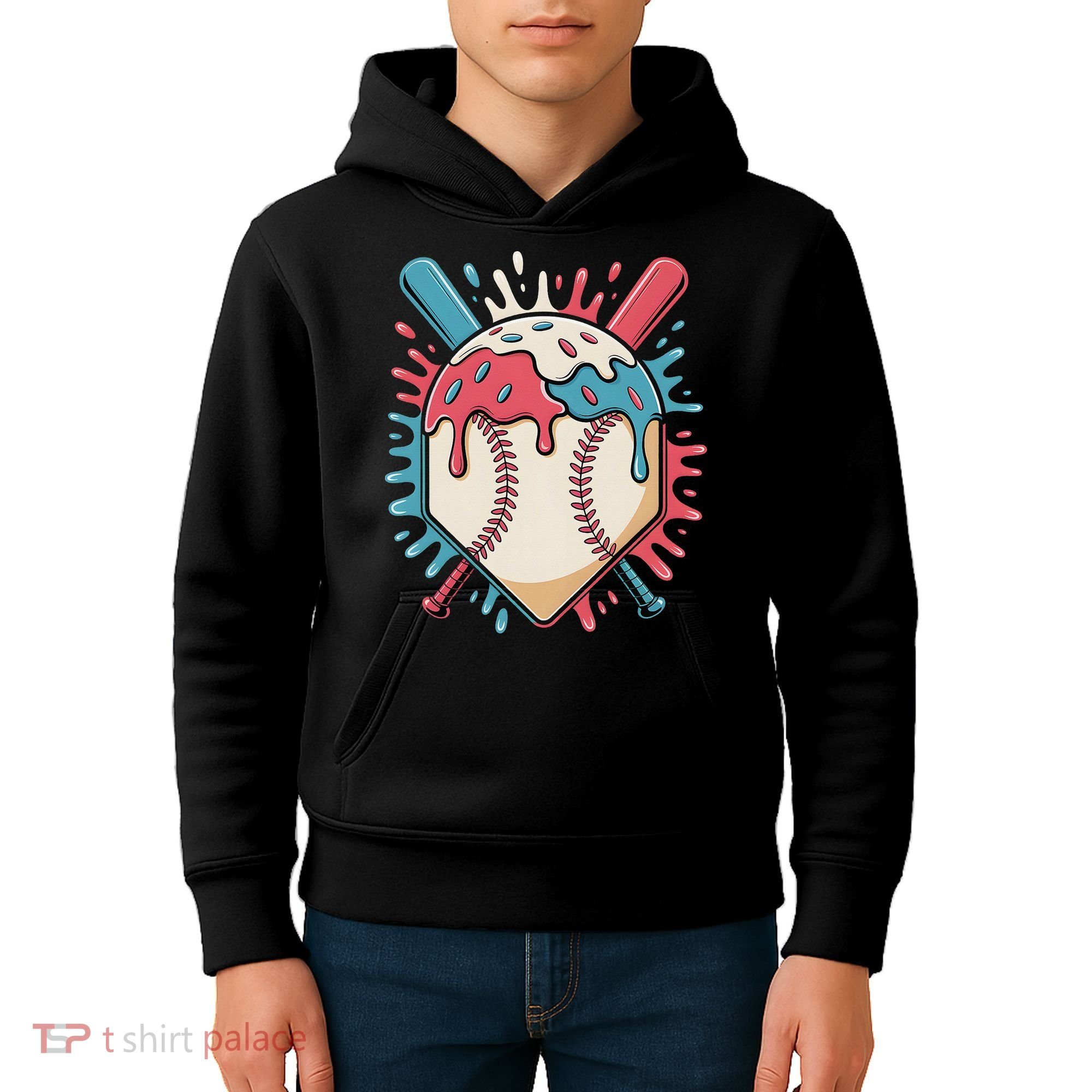 Baseball Ice Cream Dripping Baseball Home Plate Drip Kids Hoodie