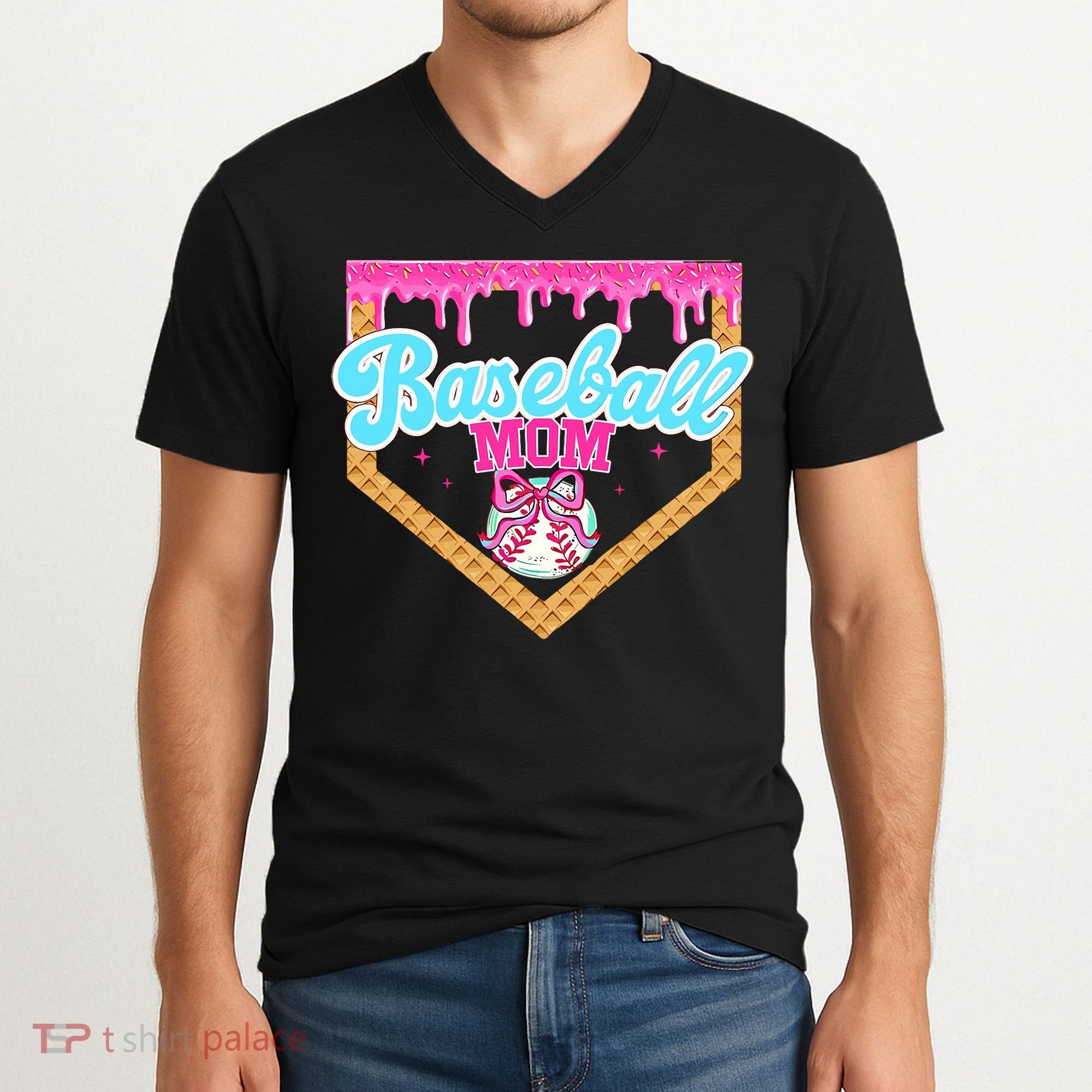 Baseball Ice Cream Drip Funny Sport Game Day Baseball Mom V-Neck T-Shirt